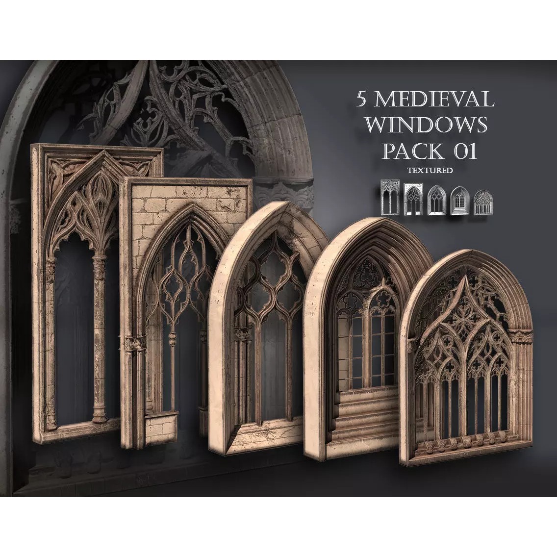 Medieval Textured Windows Pack - Low-Poly Game-Ready 3D Model - View 2