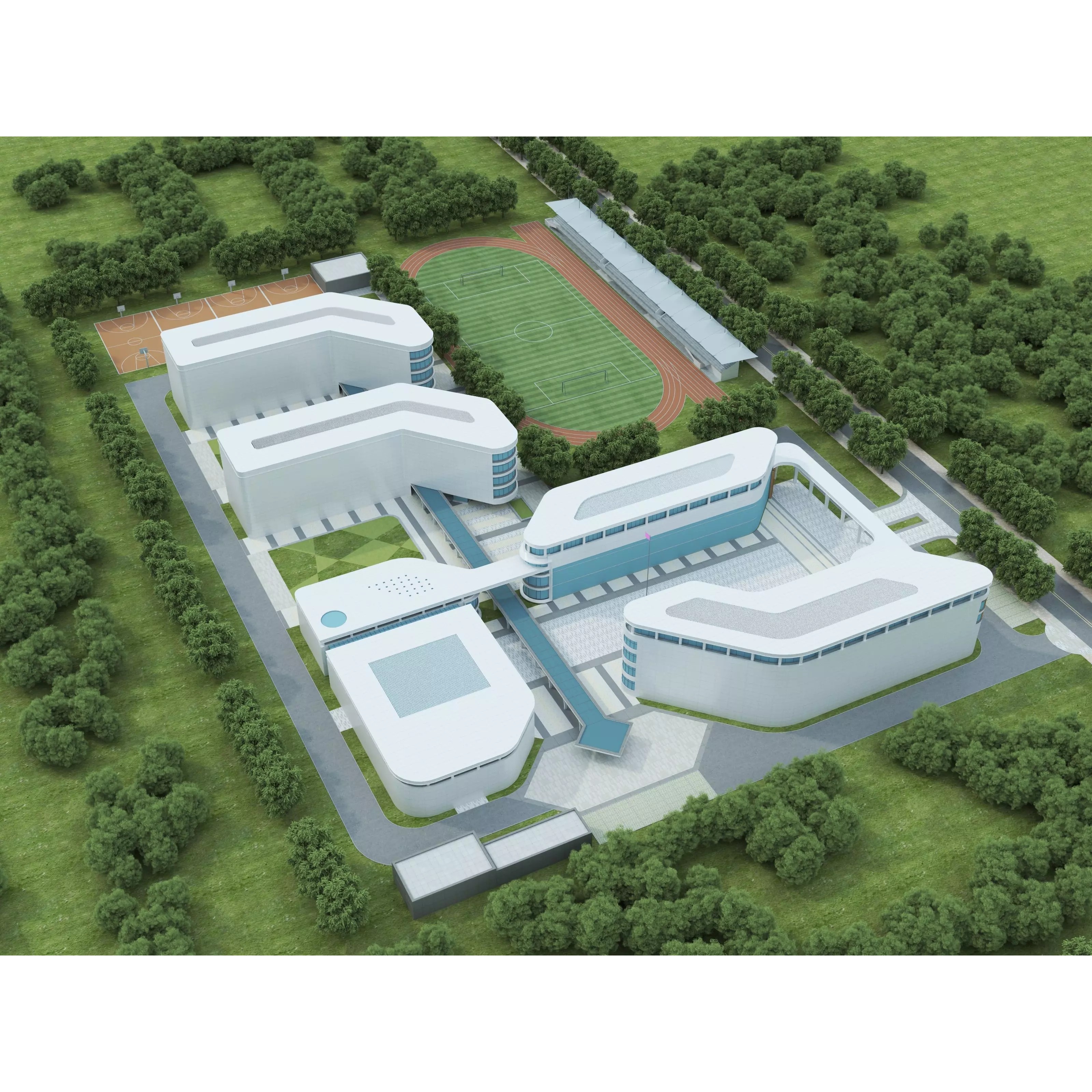 Modern School Building 3D Model – Low Poly Exterior Asset, FBX, OBJ - View 10