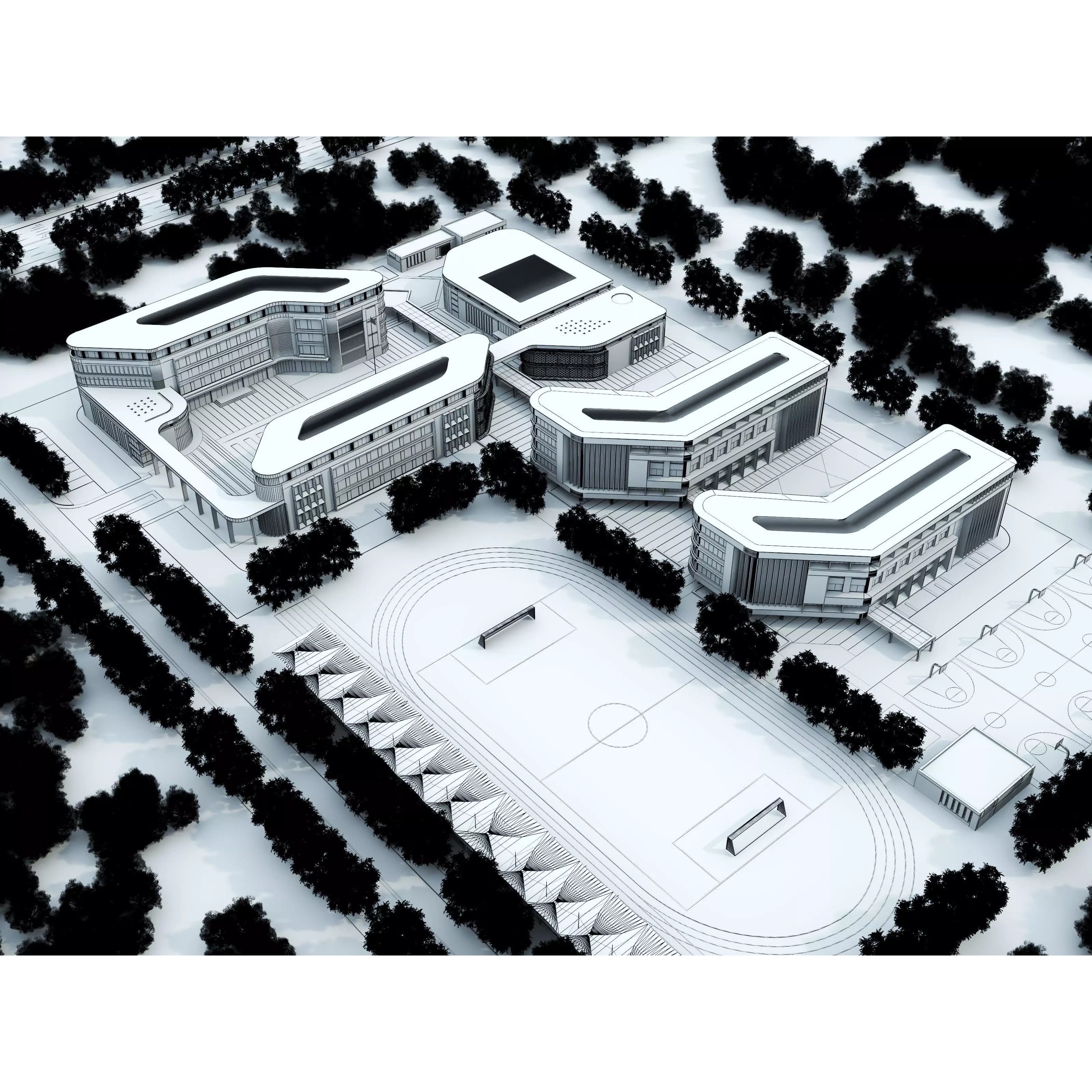 Modern School Building 3D Model – Low Poly Exterior Asset, FBX, OBJ - View 11