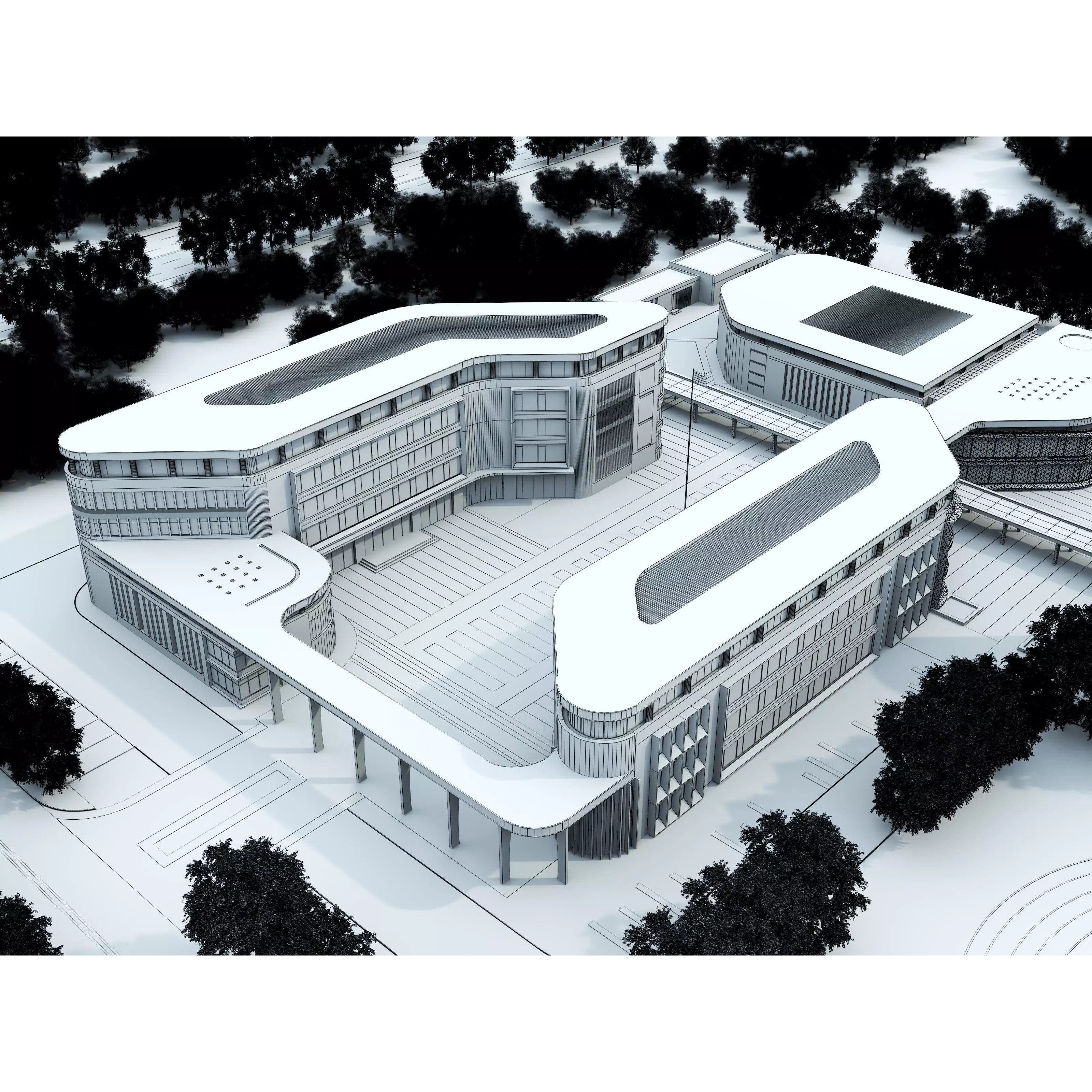 Modern School Building 3D Model – Low Poly Exterior Asset, FBX, OBJ - View 12