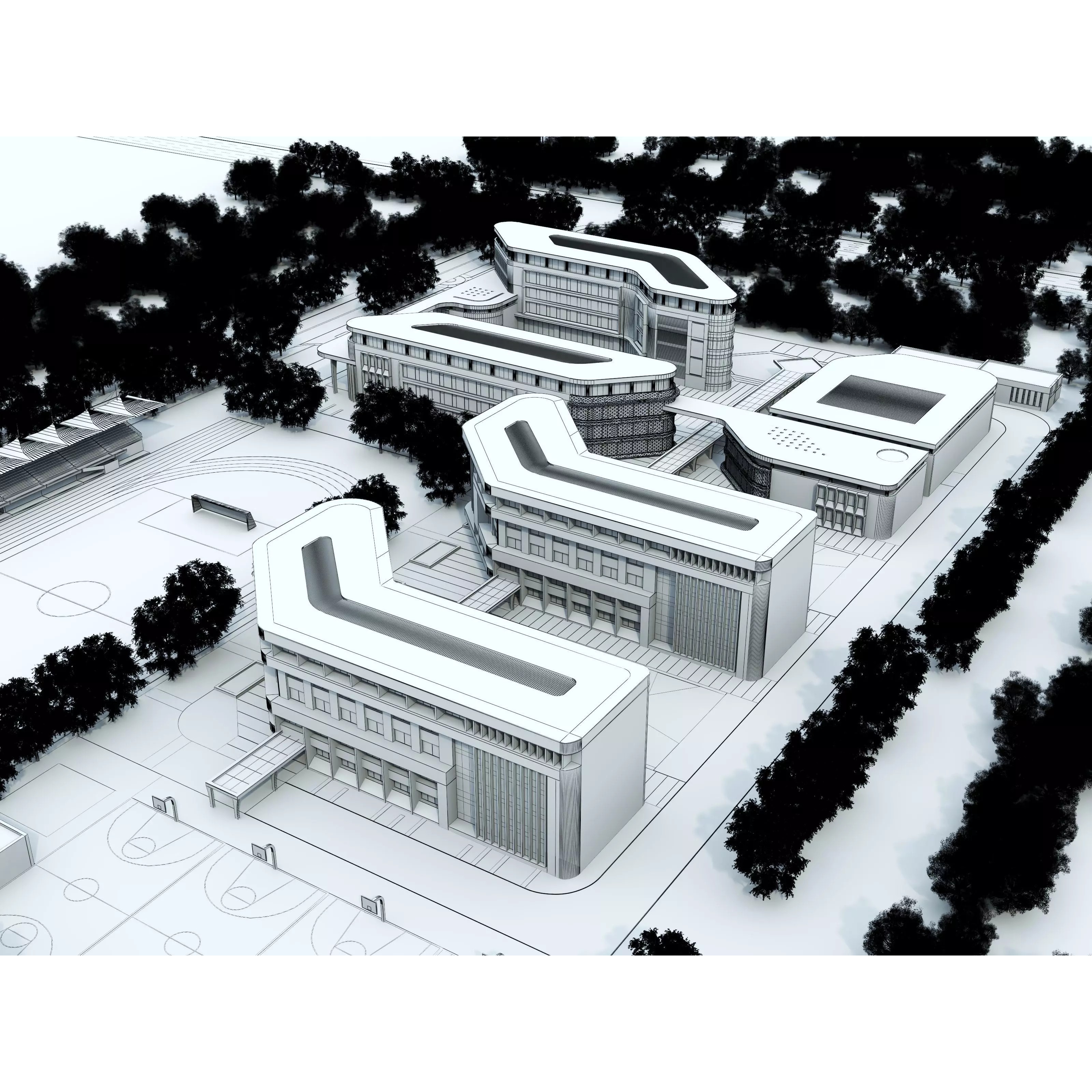 Modern School Building 3D Model – Low Poly Exterior Asset, FBX, OBJ - View 16