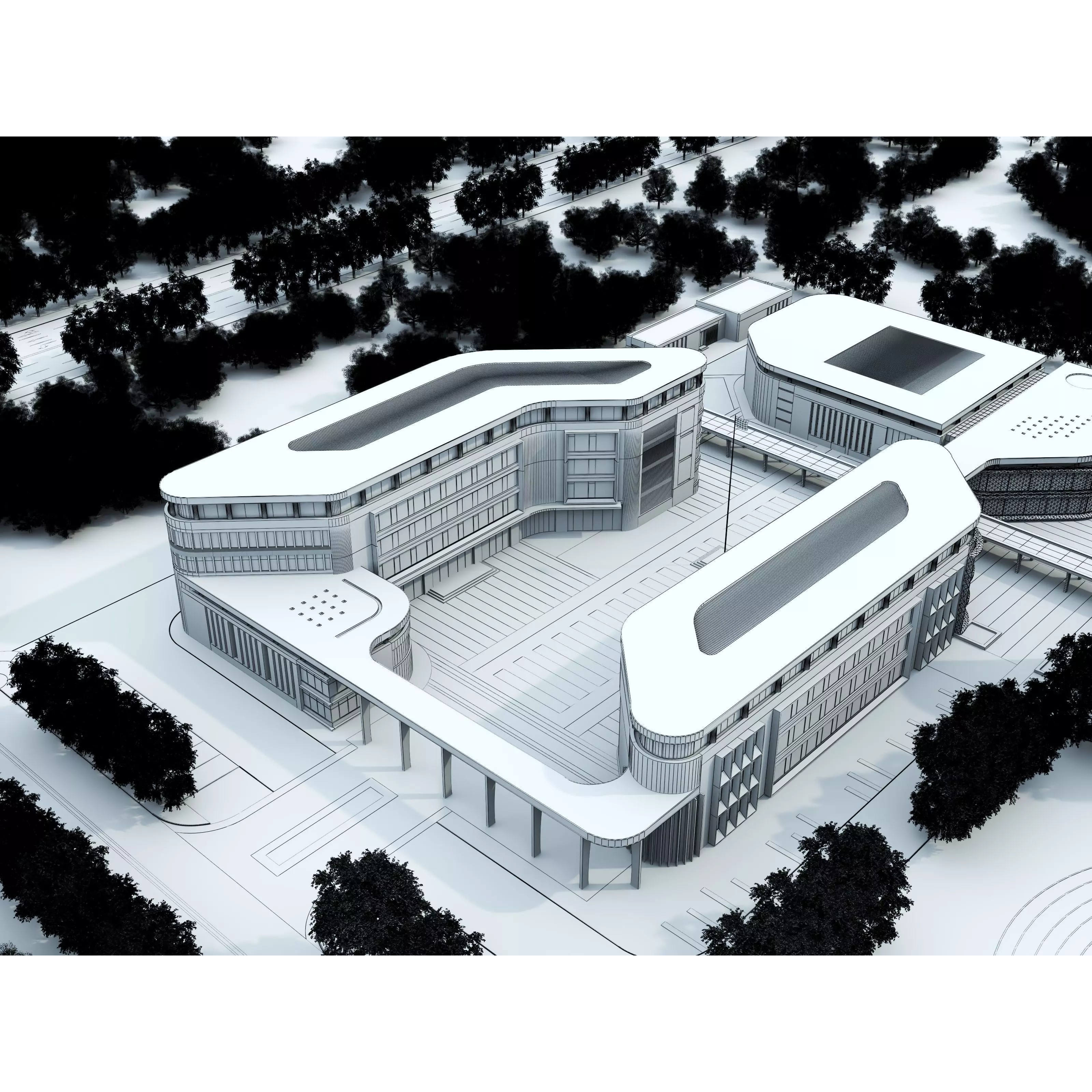 Modern School Building 3D Model – Low Poly Exterior Asset, FBX, OBJ - View 18