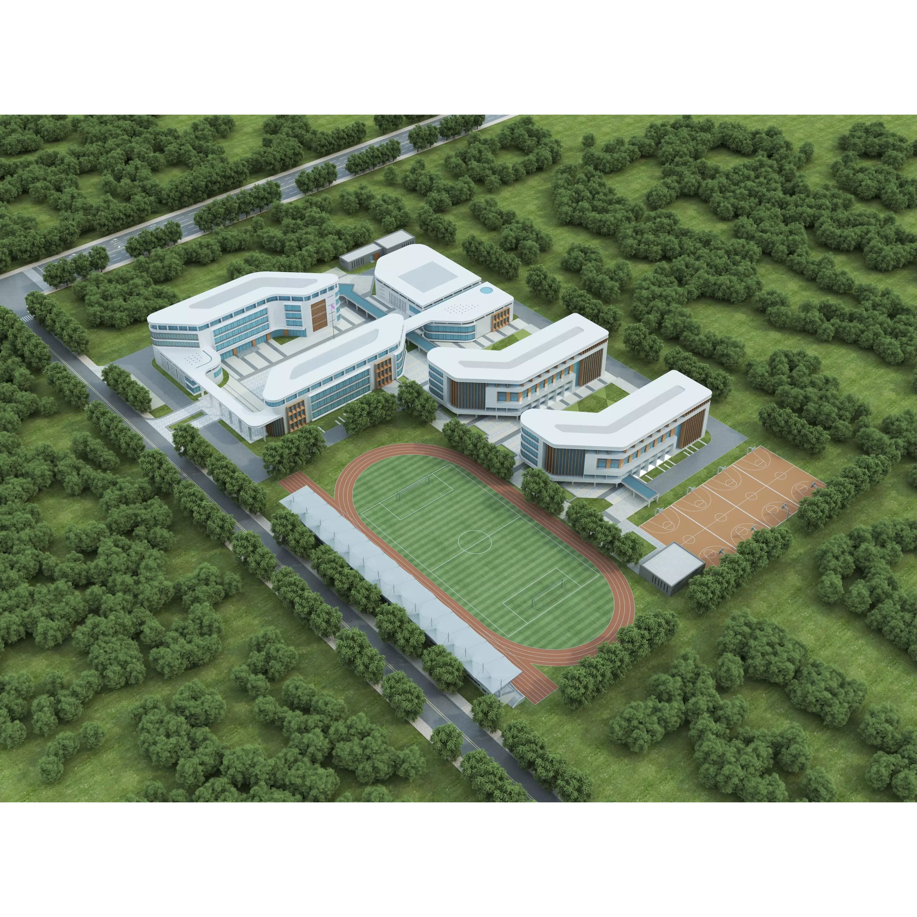 Modern School Building 3D Model – Low Poly Exterior Asset, FBX, OBJ - View 2