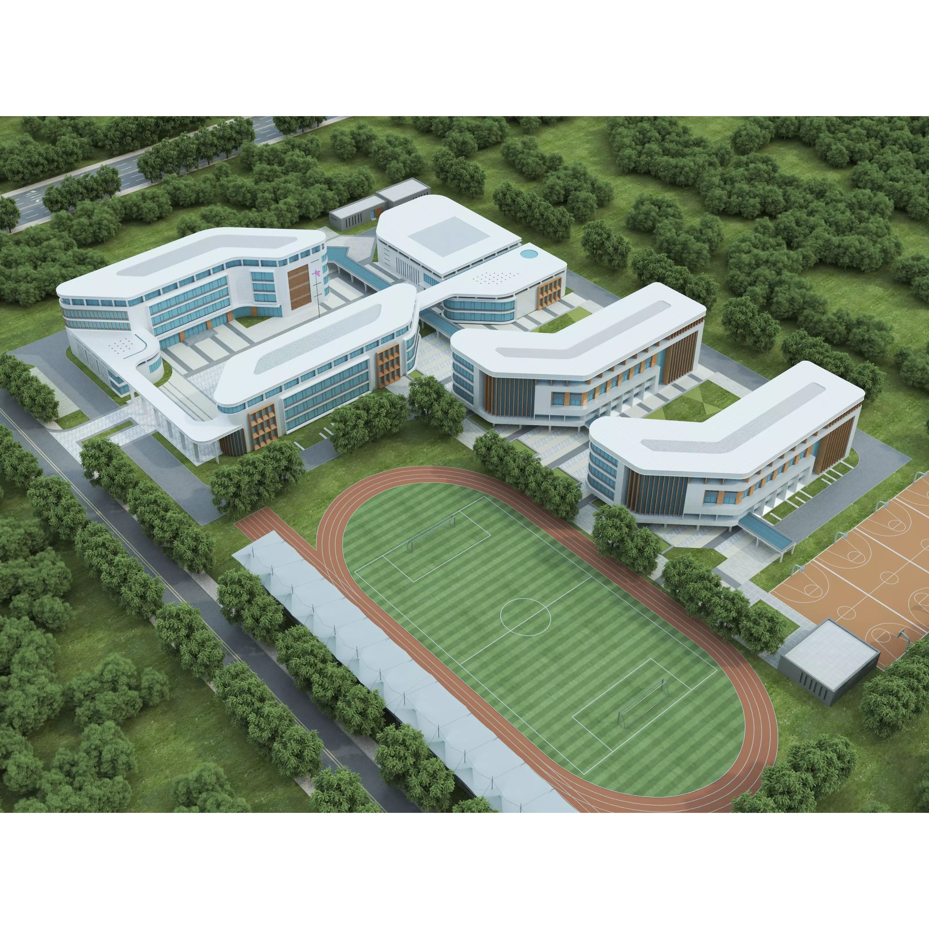 Modern School Building 3D Model – Low Poly Exterior Asset, FBX, OBJ - View 3