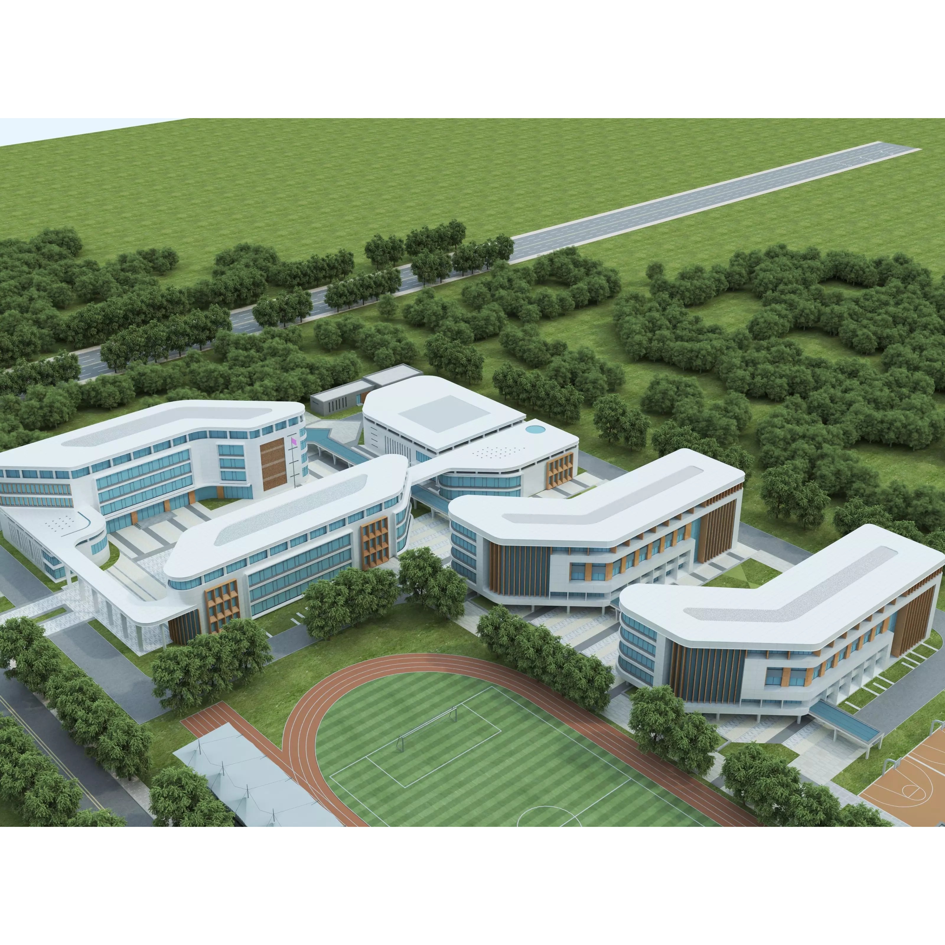 Modern School Building 3D Model – Low Poly Exterior Asset, FBX, OBJ - View 4