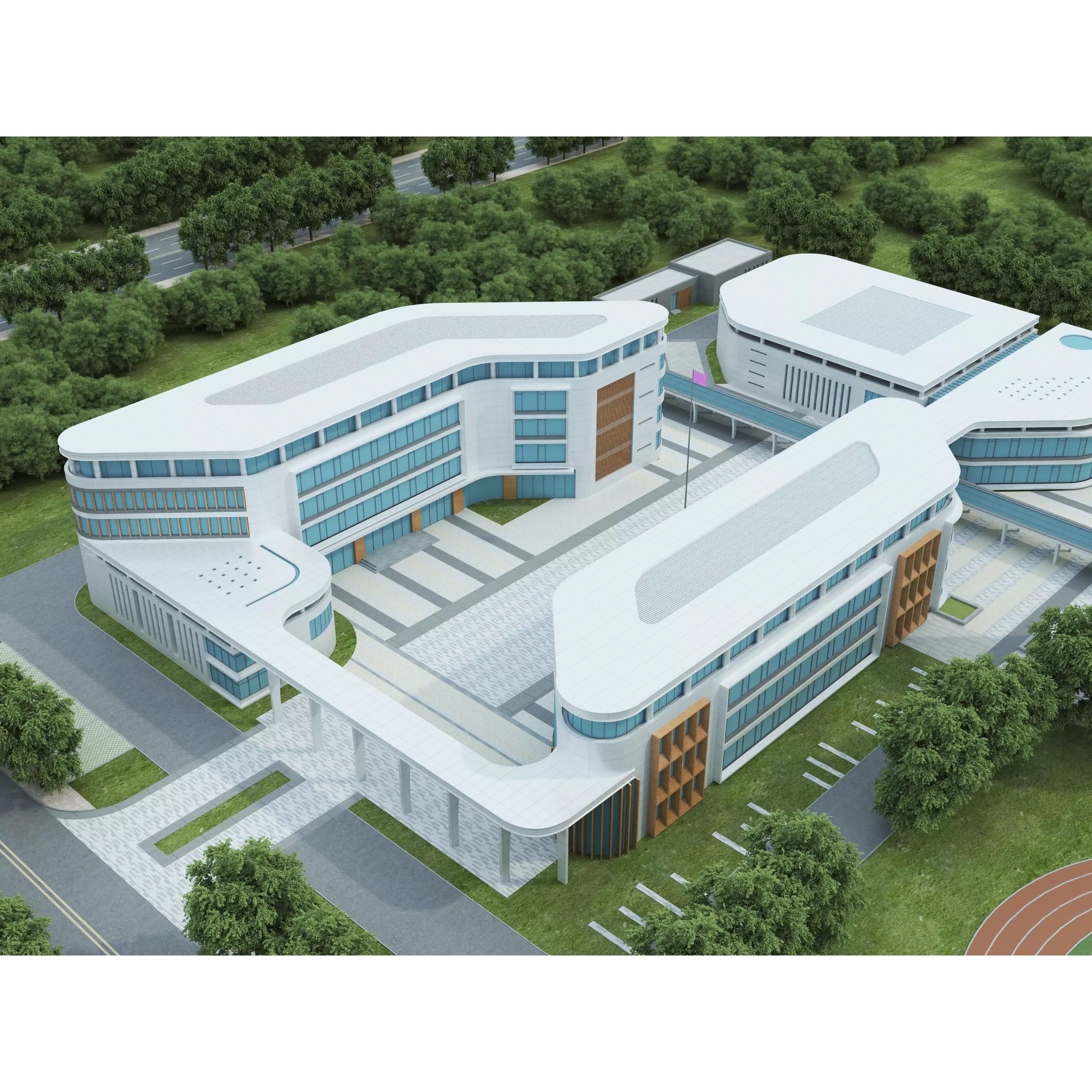Modern School Building 3D Model – Low Poly Exterior Asset, FBX, OBJ - View 5
