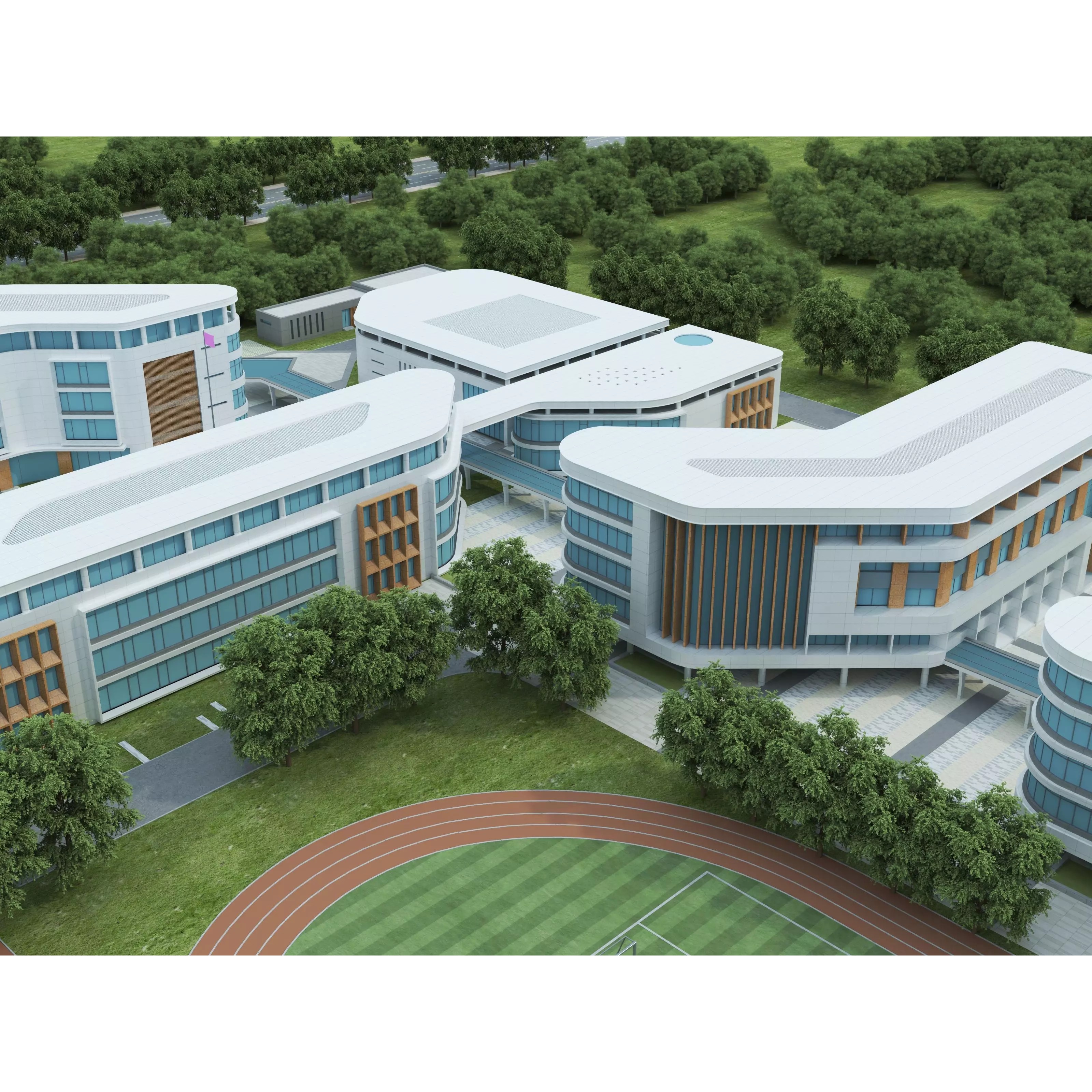 Modern School Building 3D Model – Low Poly Exterior Asset, FBX, OBJ - View 6