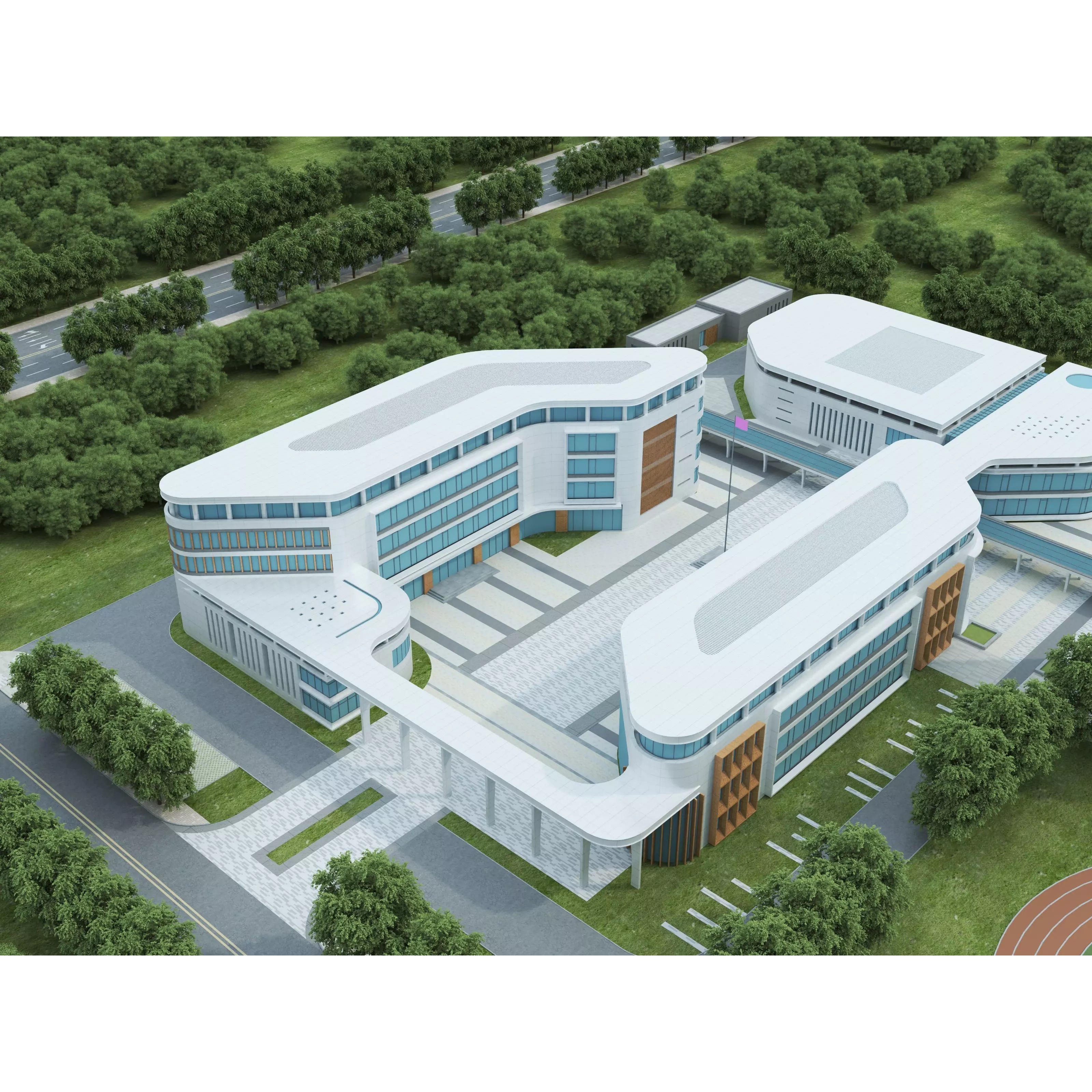 Modern School Building 3D Model – Low Poly Exterior Asset, FBX, OBJ - View 7
