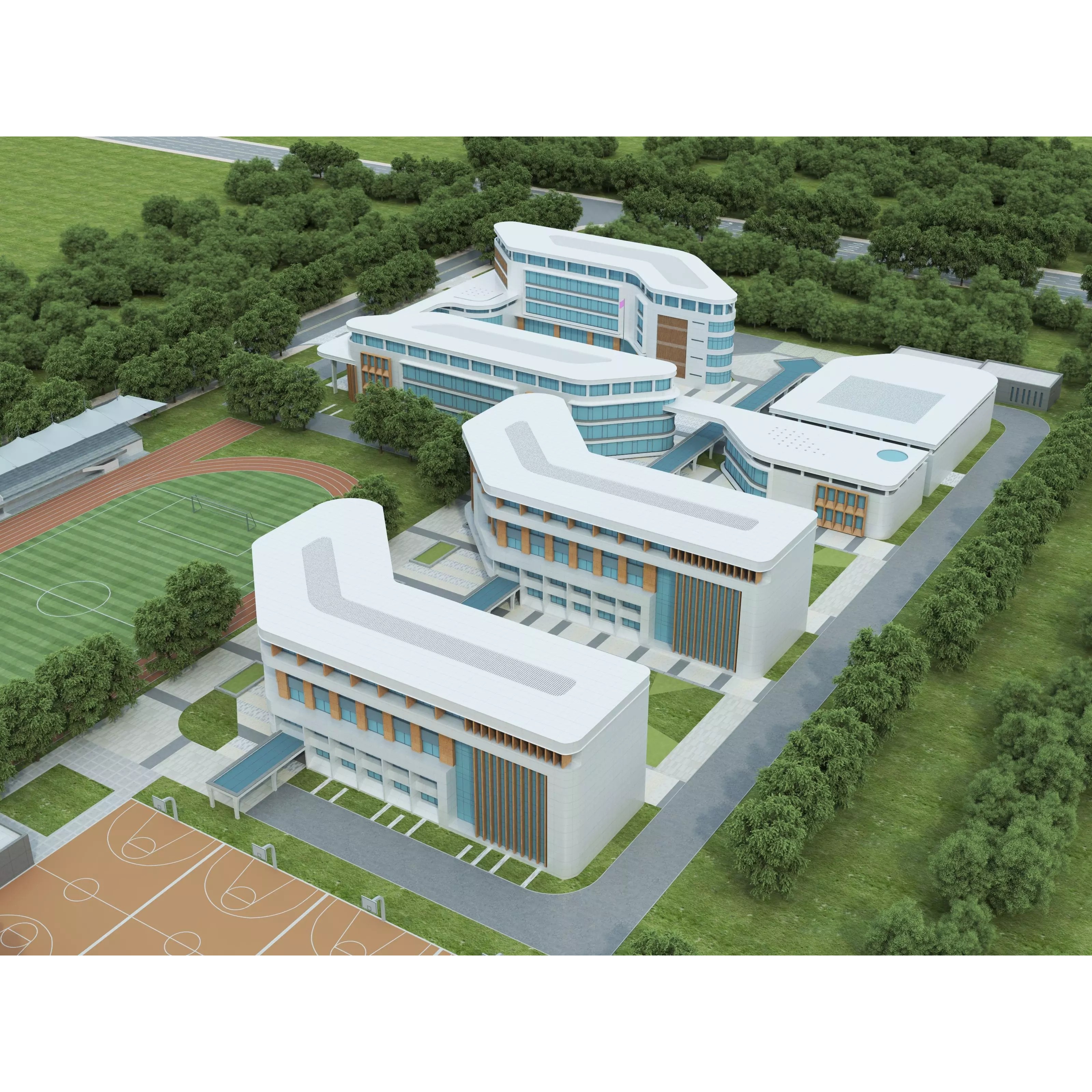 Modern School Building 3D Model – Low Poly Exterior Asset, FBX, OBJ - View 8