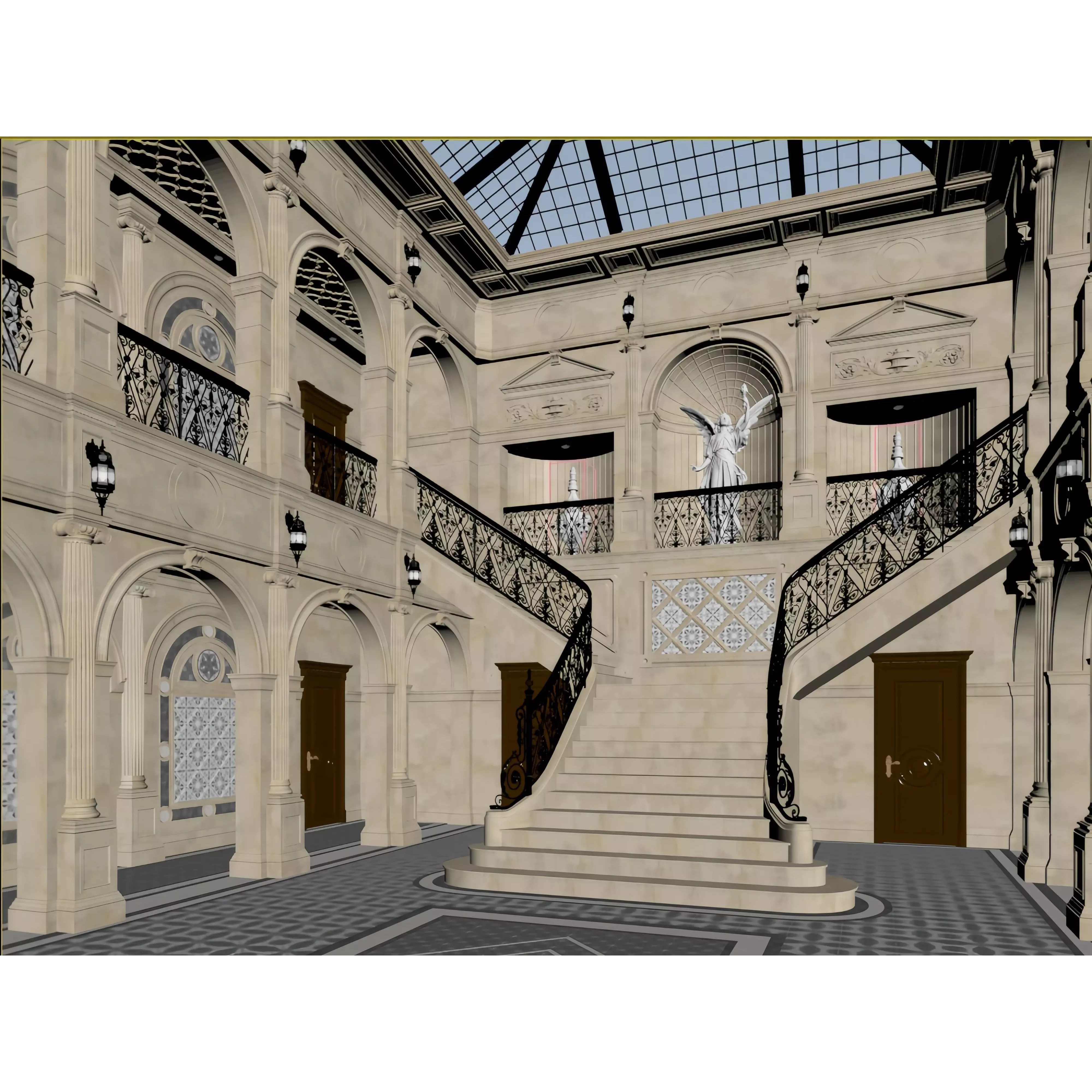 European Court Style 3D Model – Baroque Atrium with Glass Dome, FBX - View 6