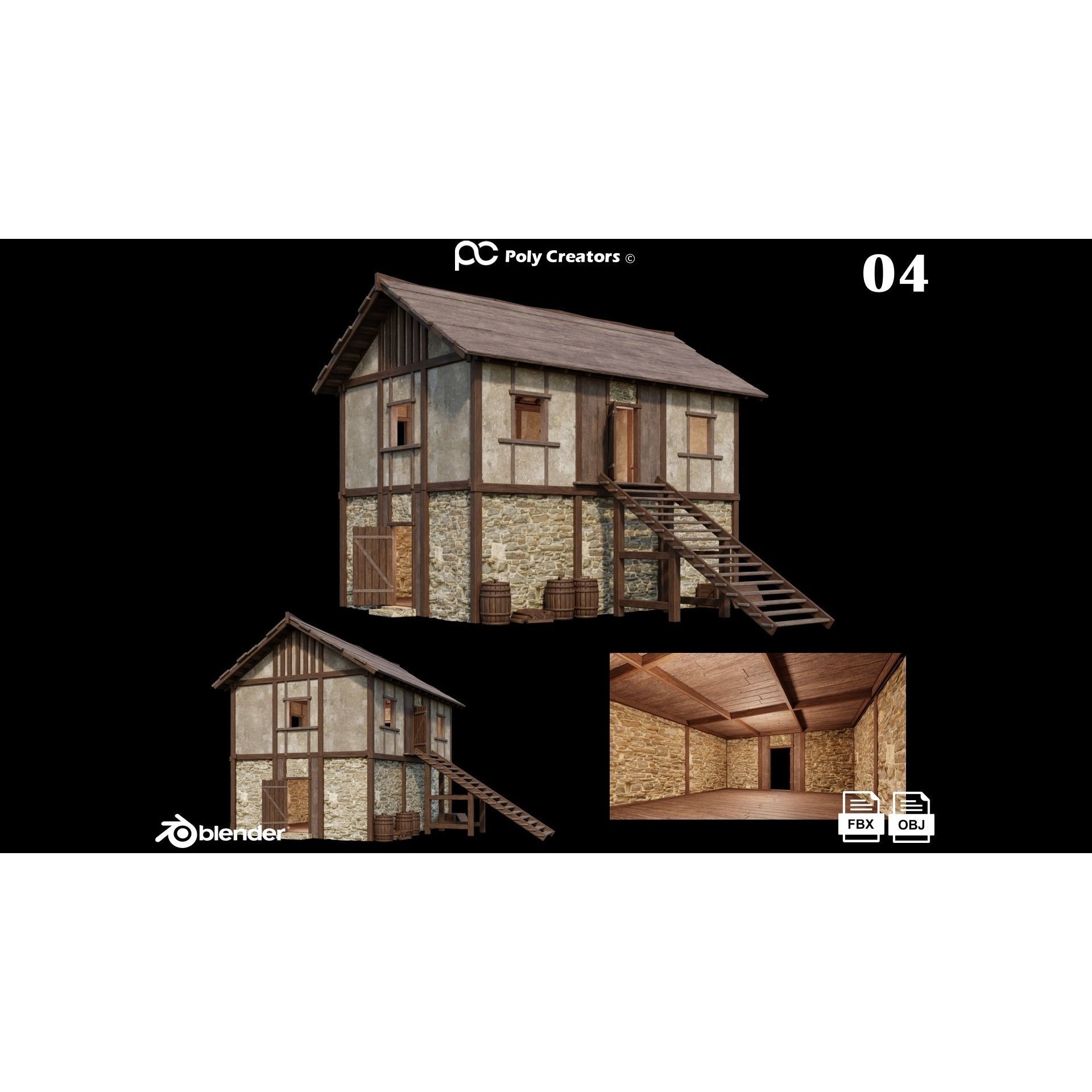 Medieval Houses 3D Model – Low Poly Game Asset with 4K Textures - View 10