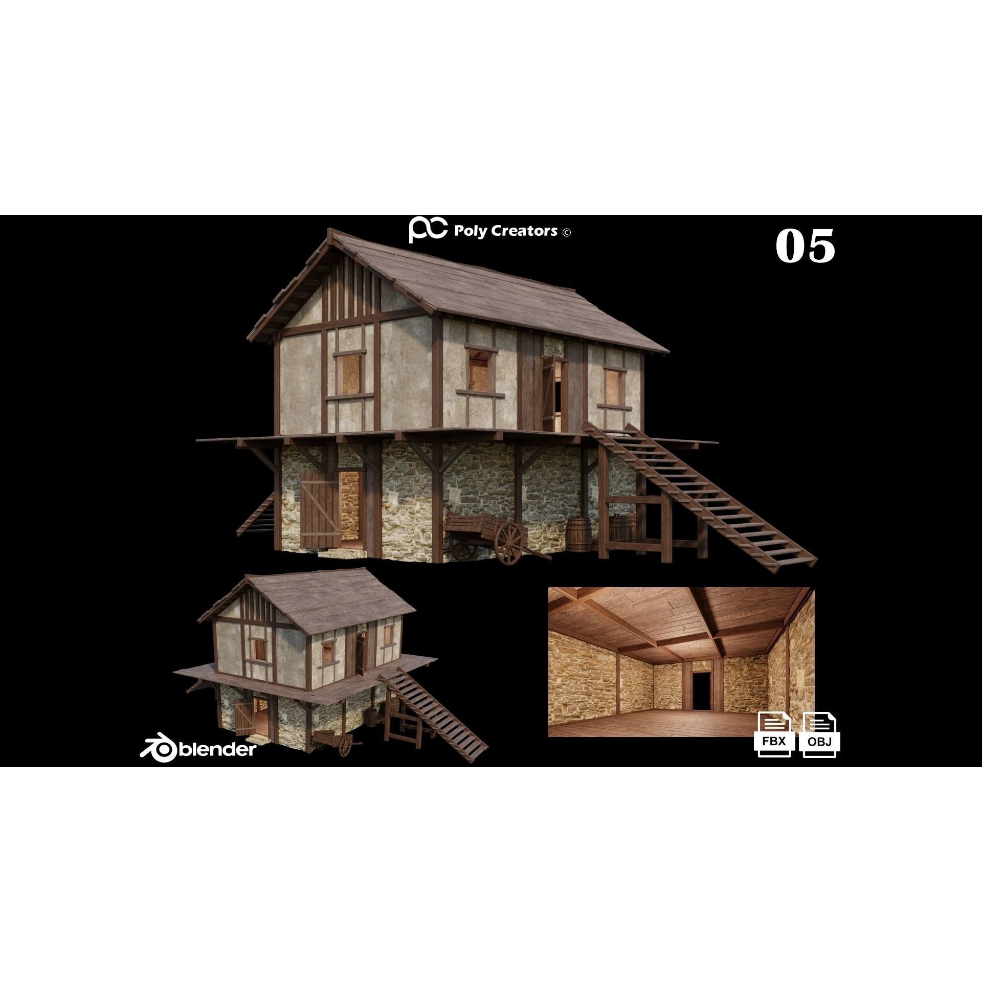 Medieval Houses 3D Model – Low Poly Game Asset with 4K Textures - View 11