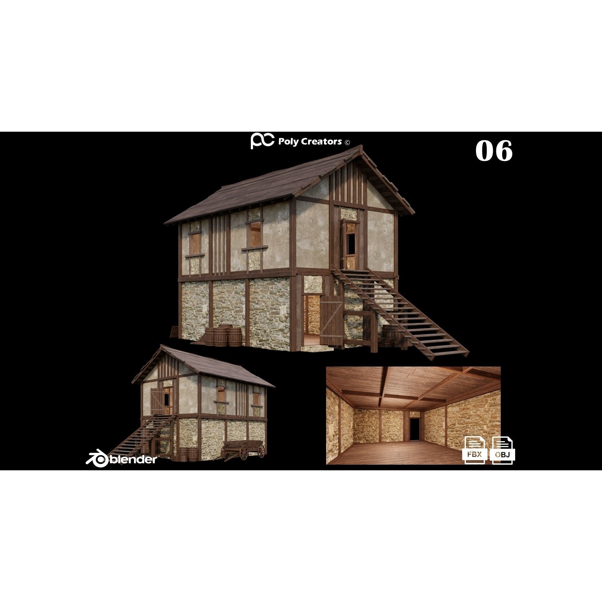 Medieval Houses 3D Model – Low Poly Game Asset with 4K Textures - View 12