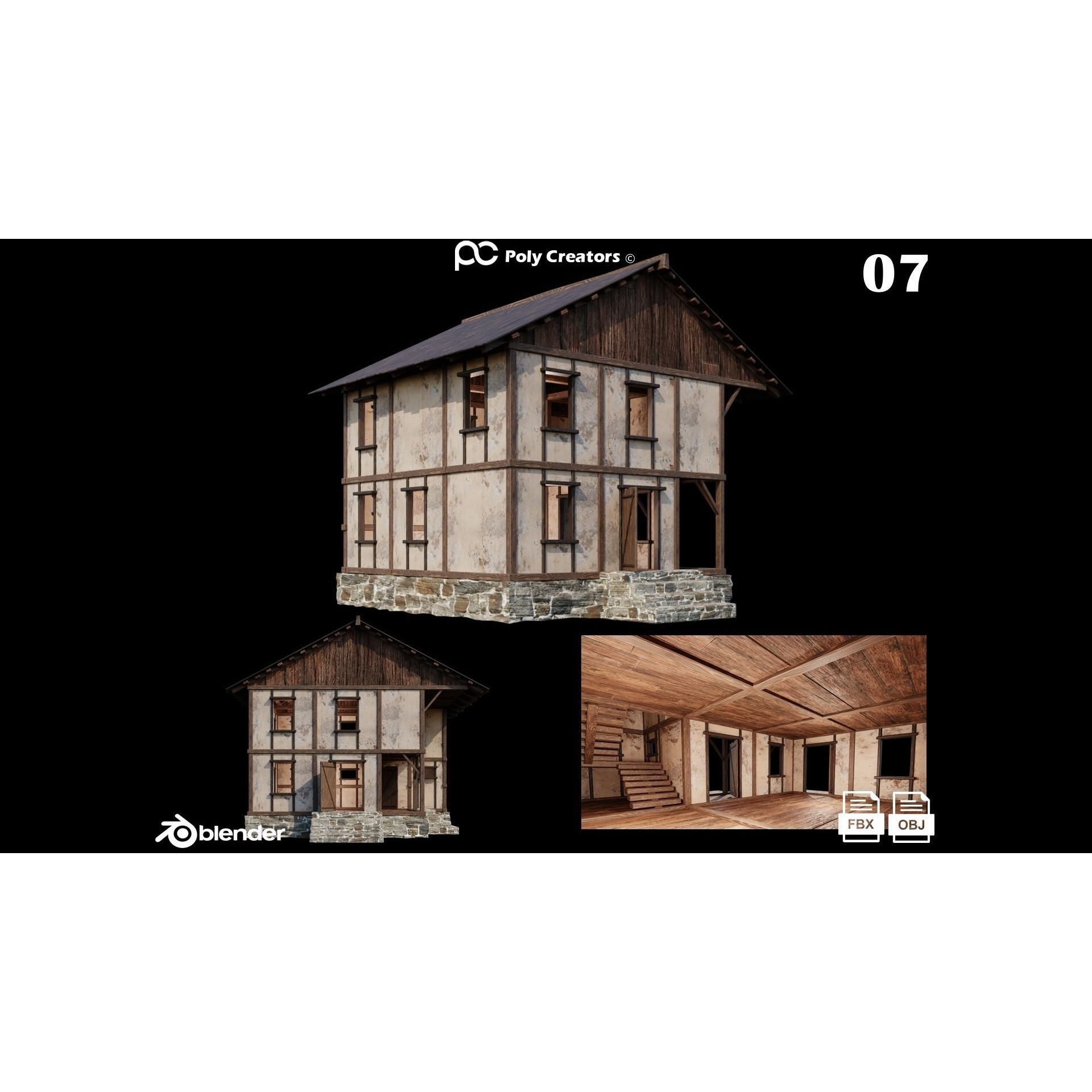 Medieval Houses 3D Model – Low Poly Game Asset with 4K Textures - View 13