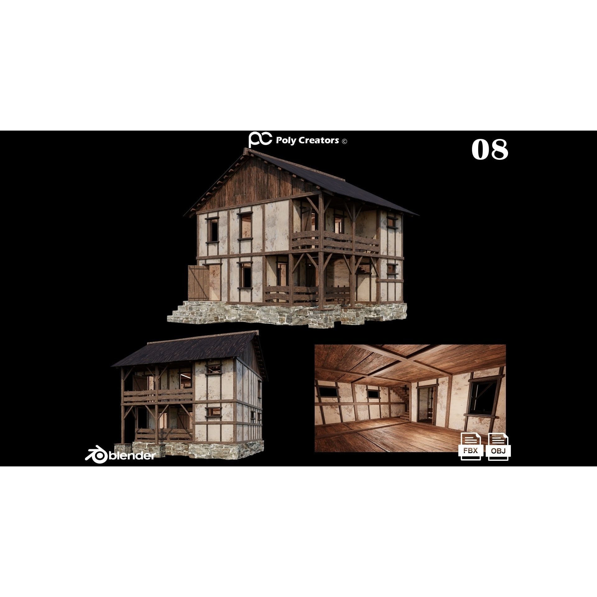 Medieval Houses 3D Model – Low Poly Game Asset with 4K Textures - View 14