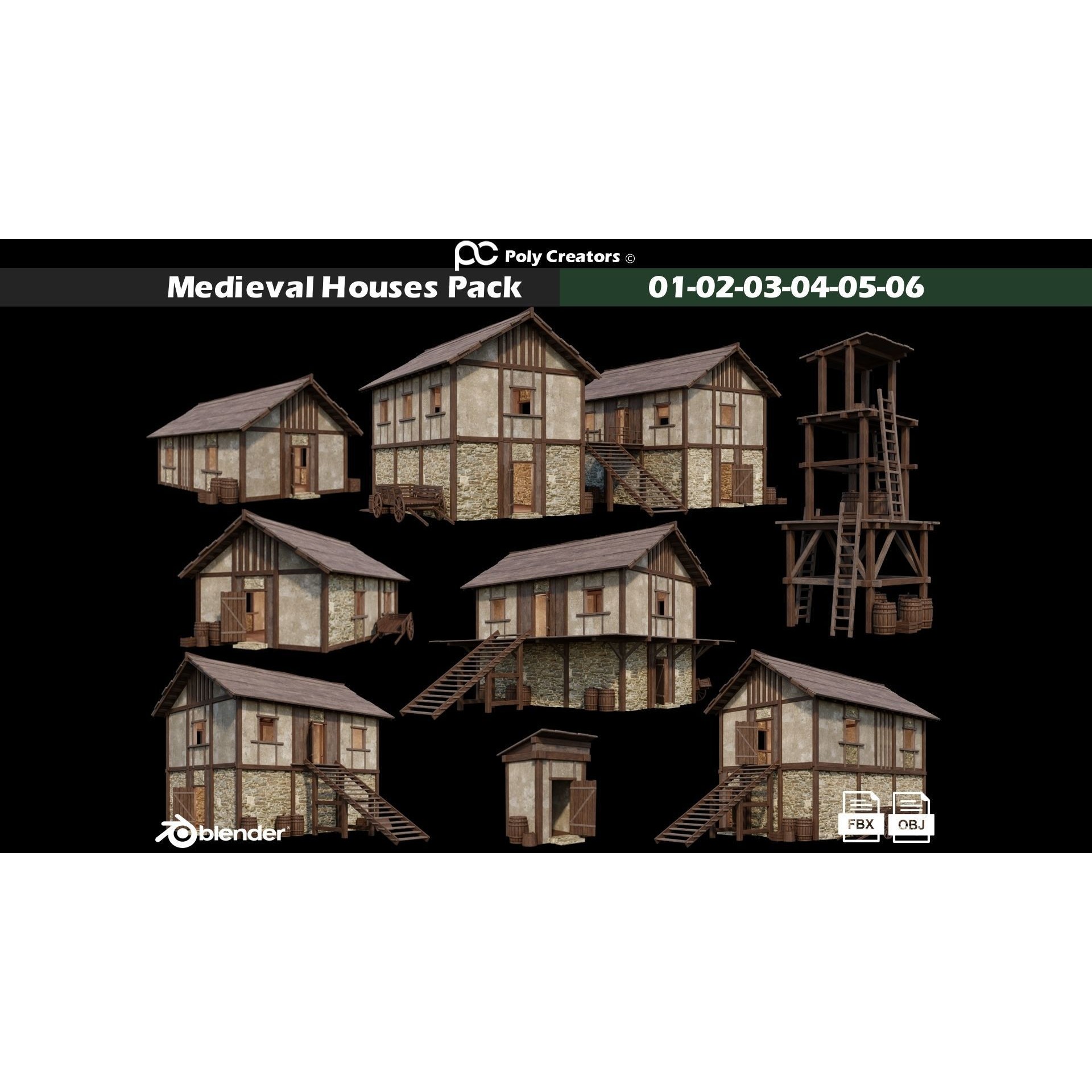 Medieval Houses 3D Model – Low Poly Game Asset with 4K Textures - View 3