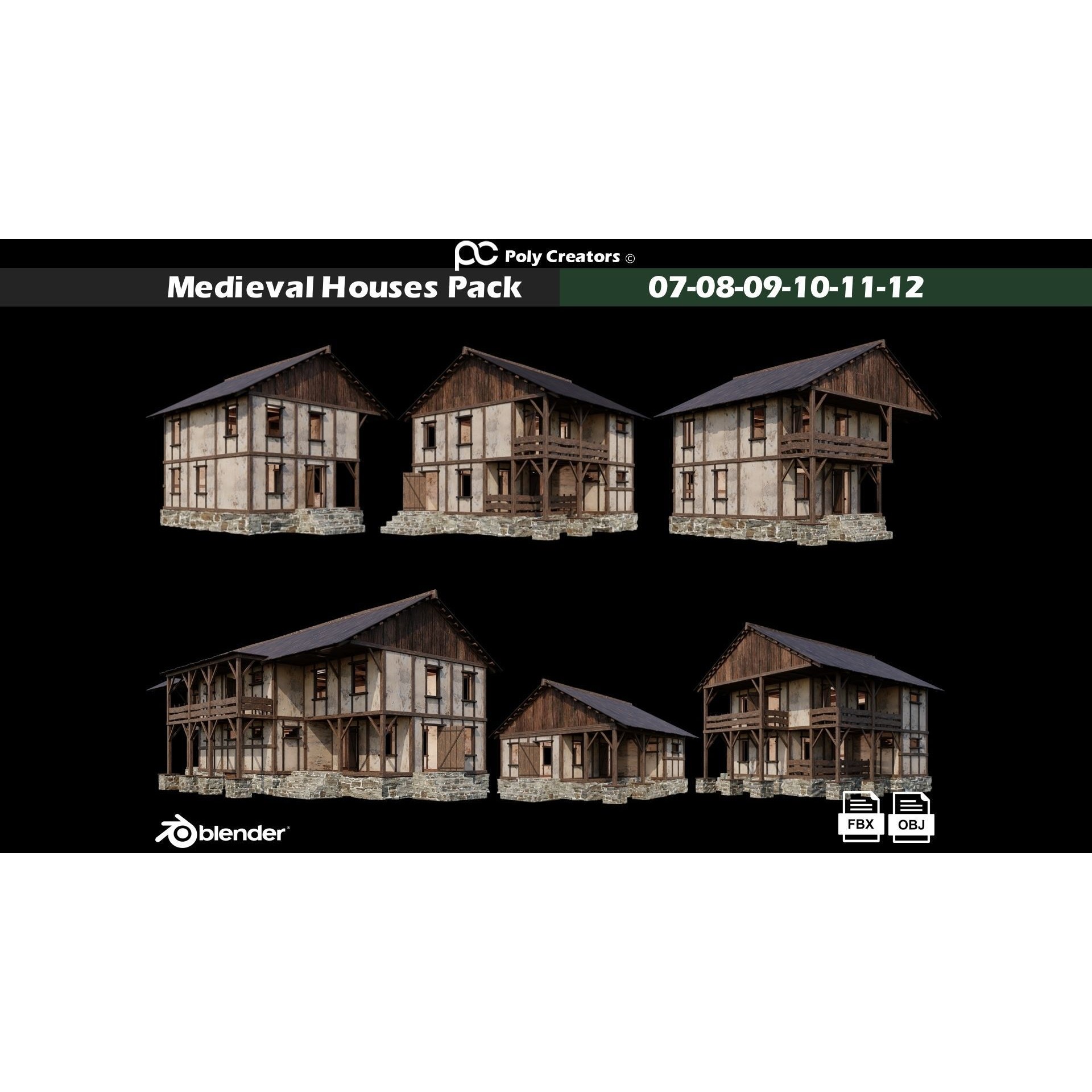 Medieval Houses 3D Model – Low Poly Game Asset with 4K Textures - View 4