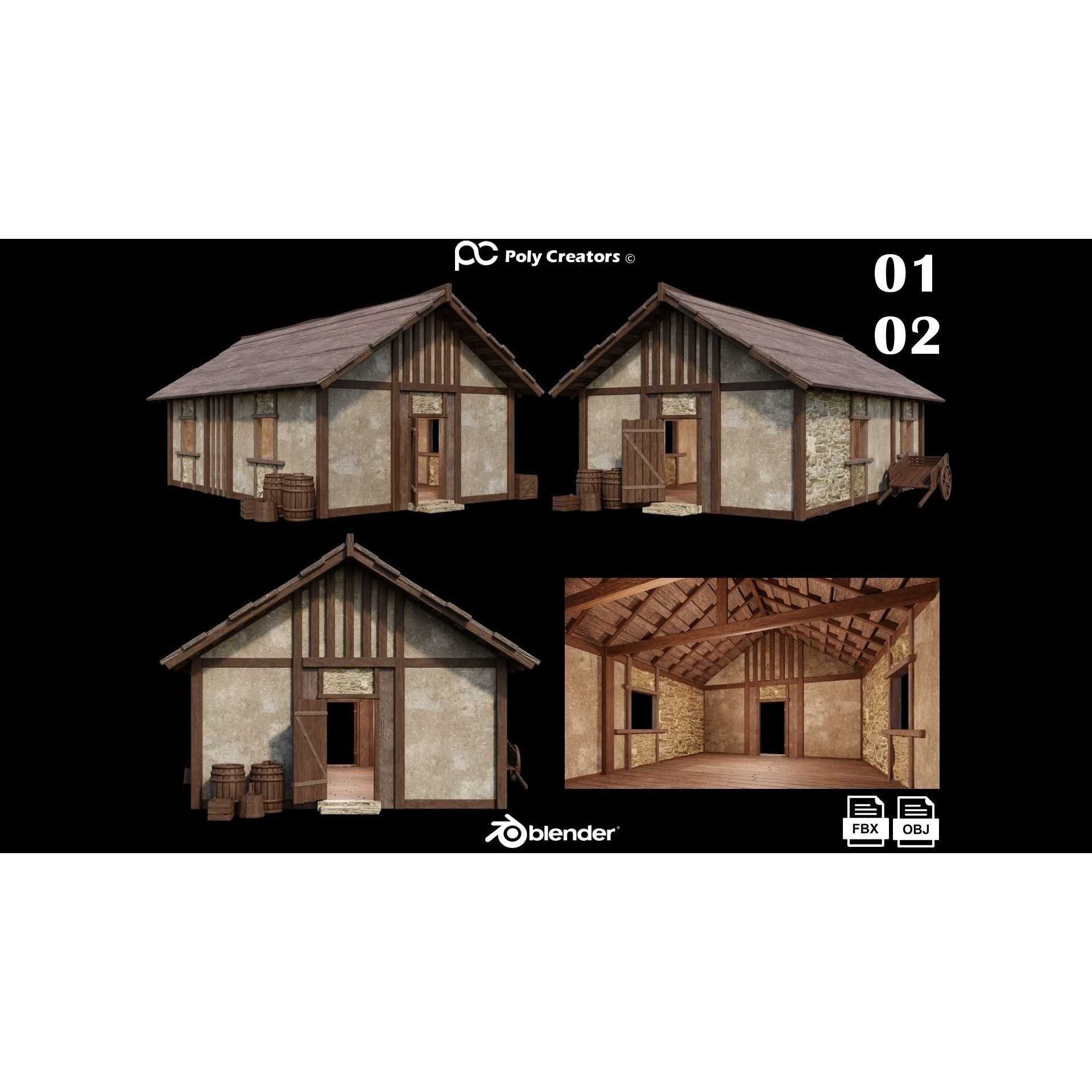Medieval Houses 3D Model – Low Poly Game Asset with 4K Textures - View 8