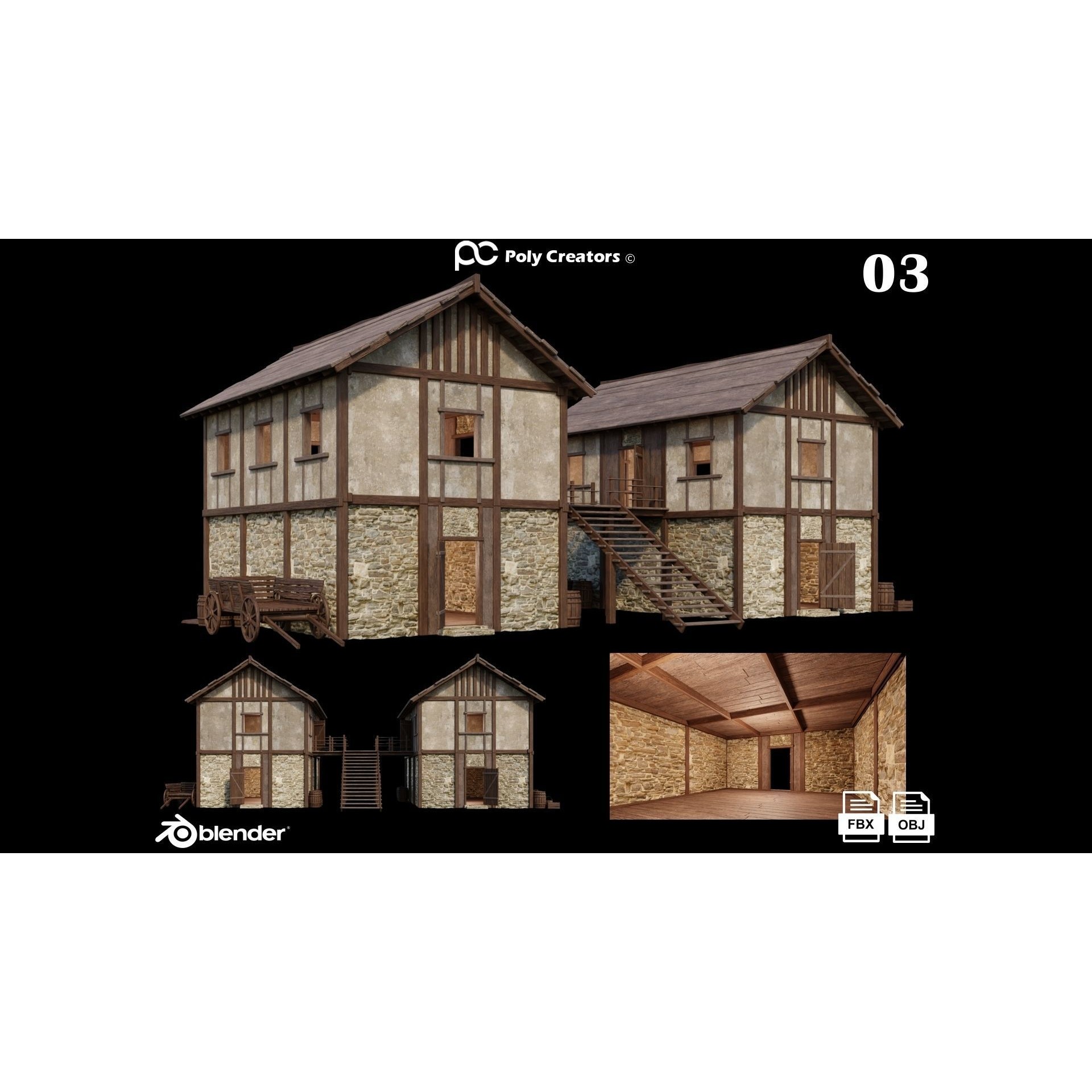 Medieval Houses 3D Model – Low Poly Game Asset with 4K Textures - View 9