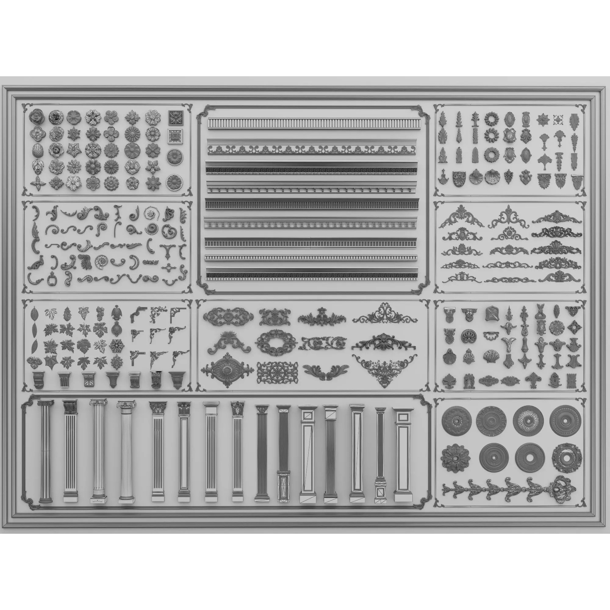 Classical Architectural Ornament 3D Model – Low Poly Kitbash Pack, FBX, OBJ