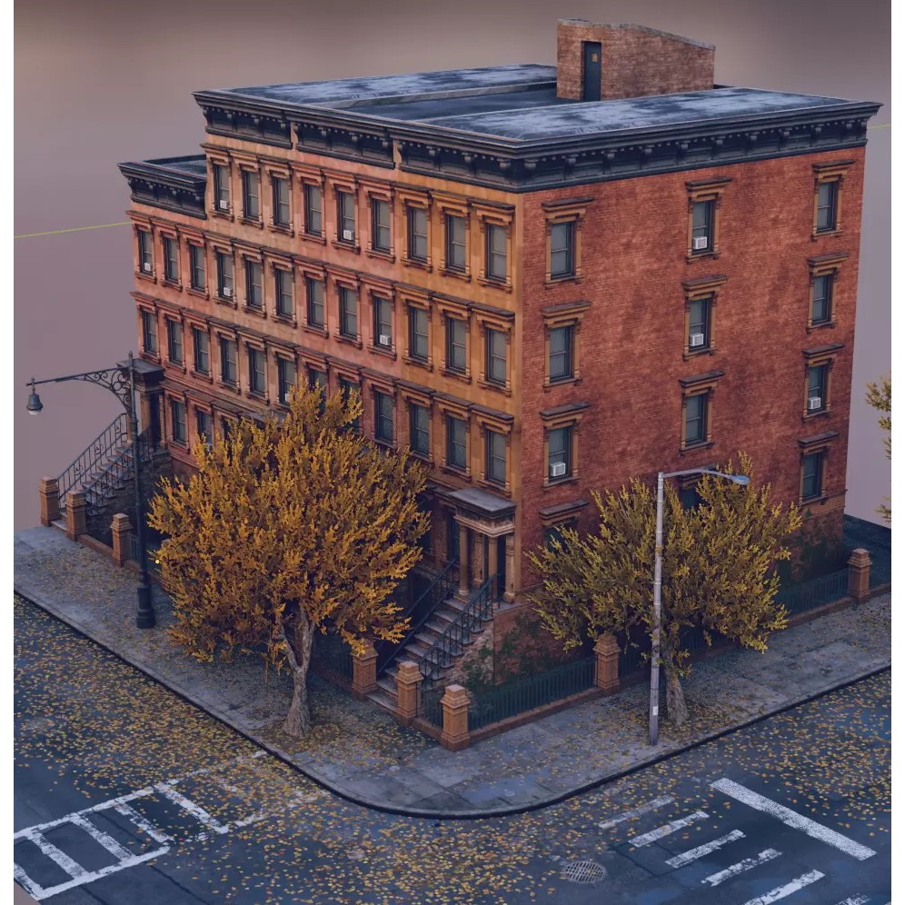 Brooklyn Street Scene 3D Model – Low Poly Autumn Kit, PBR Textures - View 2