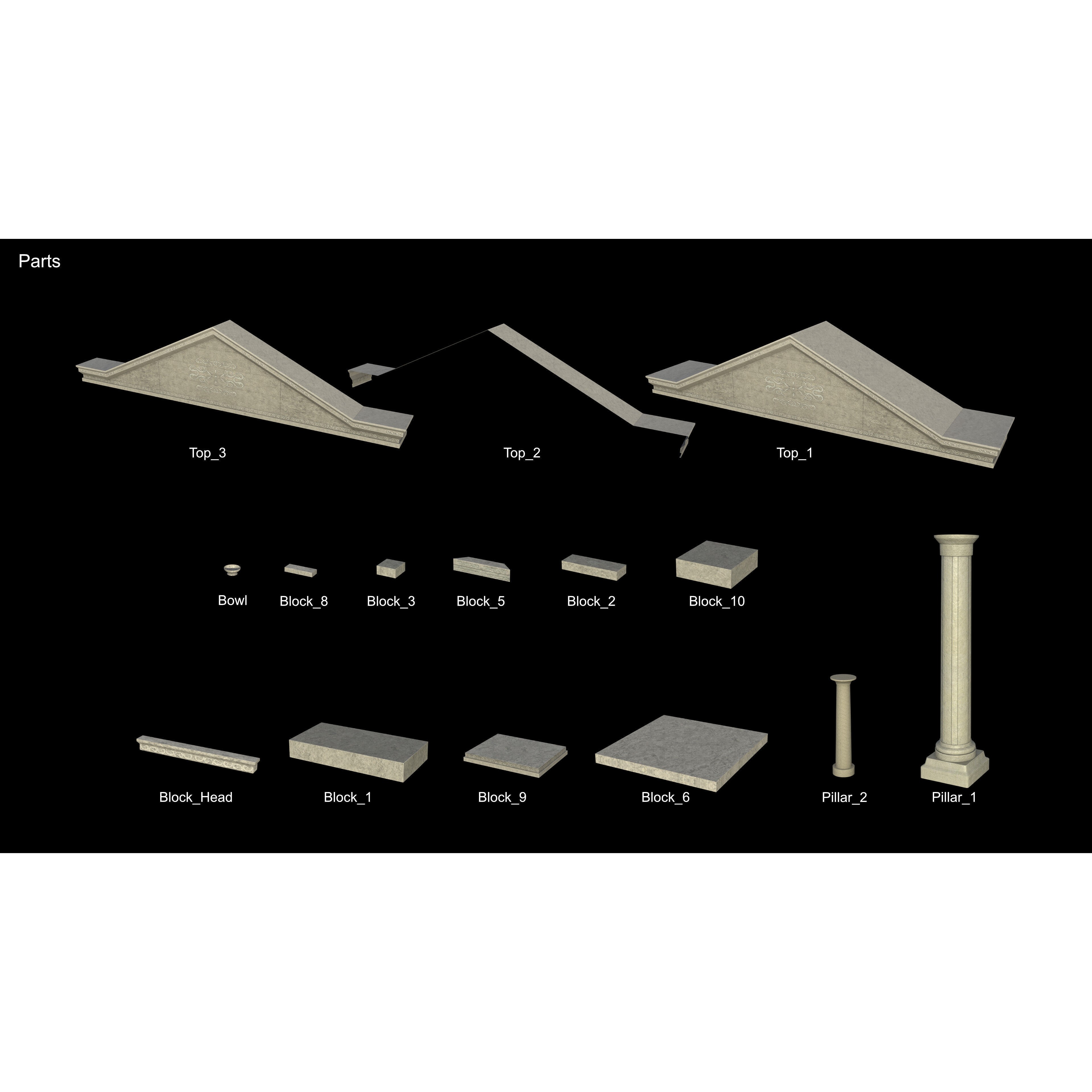 Temple Parts Pack 3D Model – Low Poly Modular Components, FBX - View 3