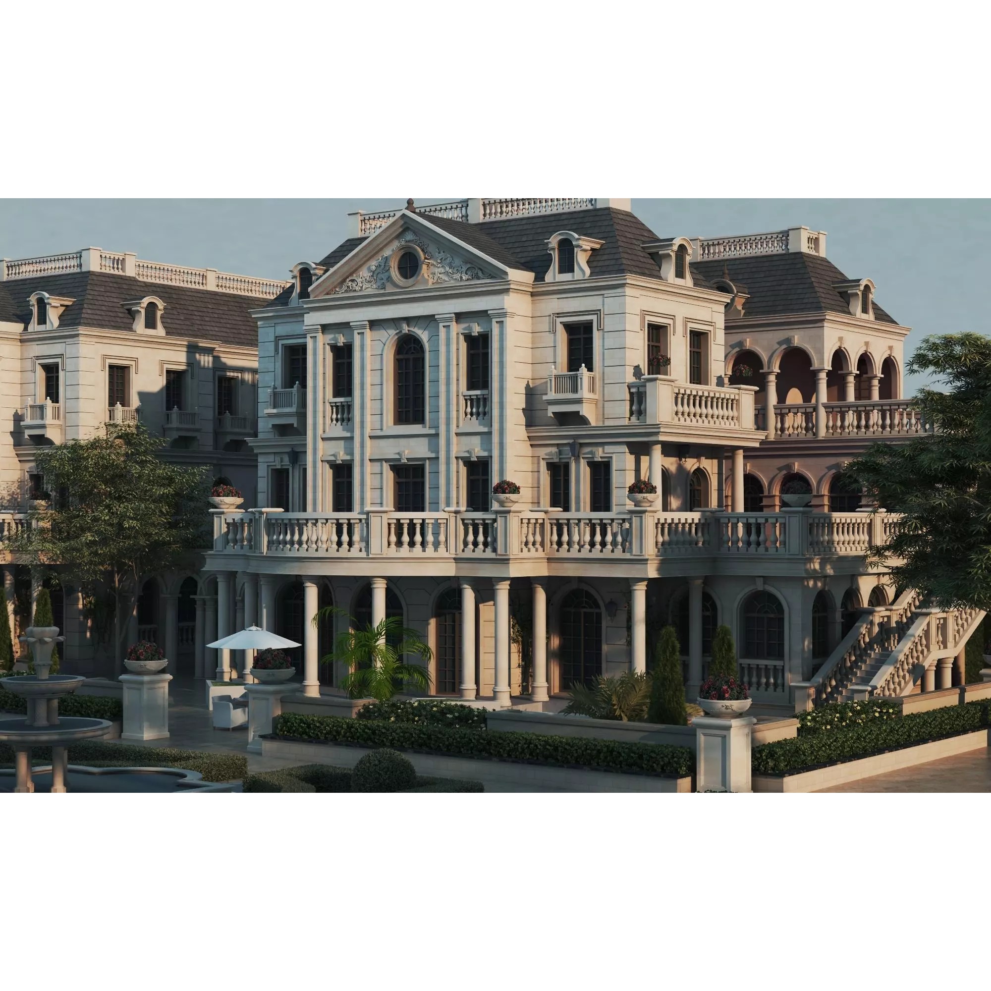 Luxury Manor Villa 3D Model – Low Poly Neoclassical Architecture for Archviz - View 10