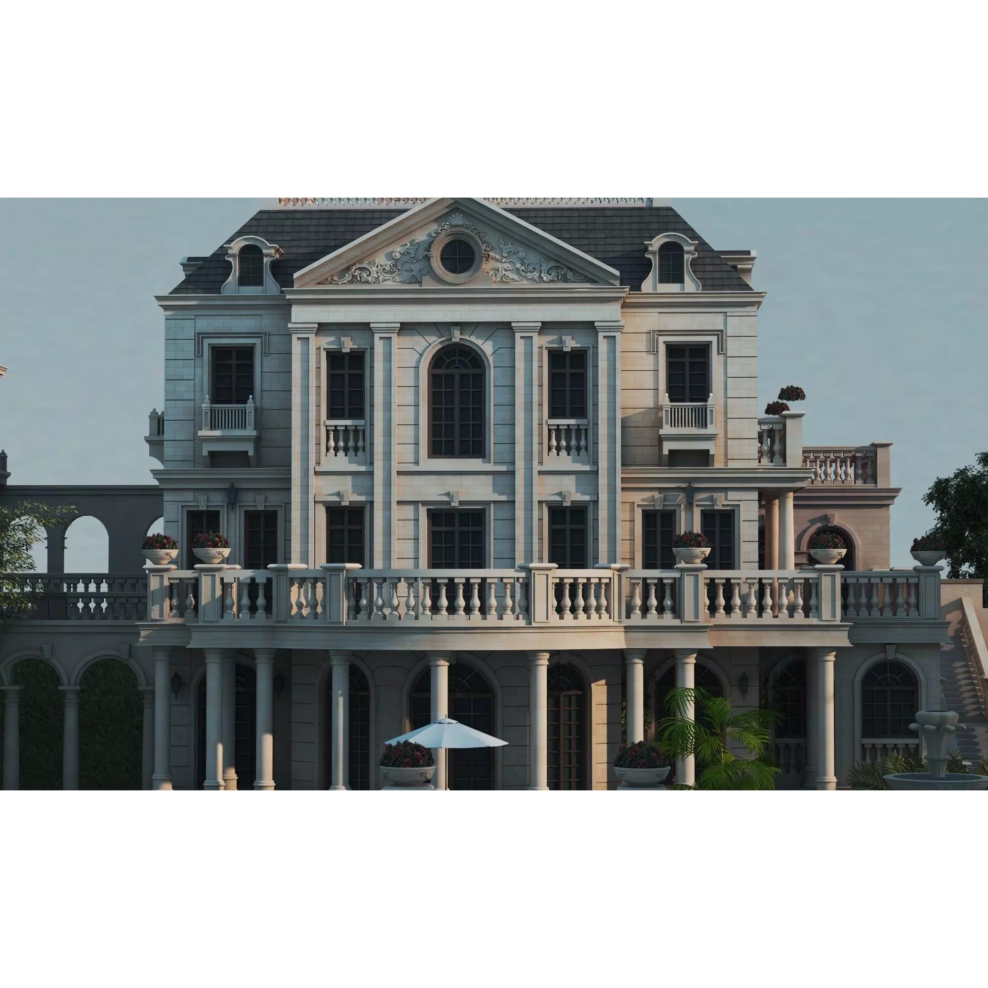 Luxury Manor Villa 3D Model – Low Poly Neoclassical Architecture for Archviz - View 12