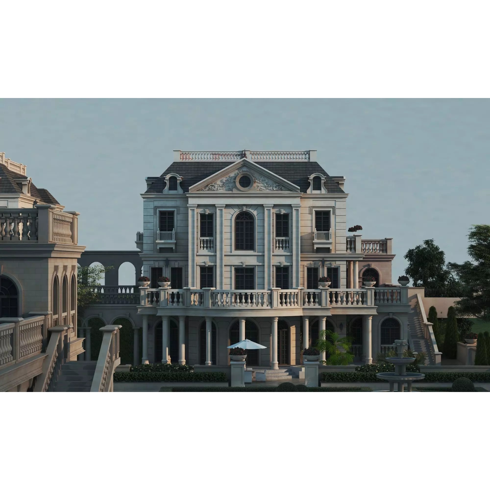 Luxury Manor Villa 3D Model – Low Poly Neoclassical Architecture for Archviz - View 13