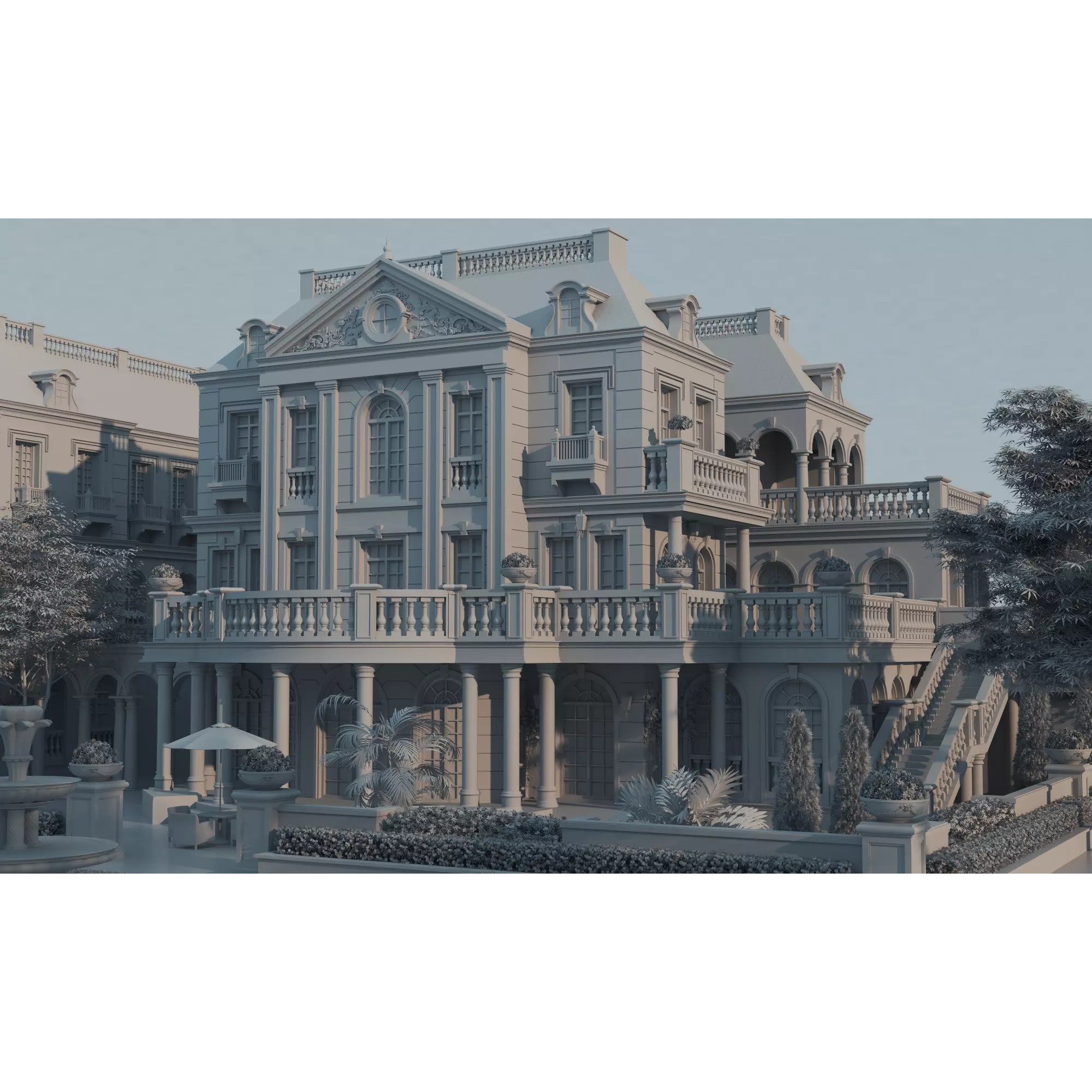 Luxury Manor Villa 3D Model – Low Poly Neoclassical Architecture for Archviz - View 21