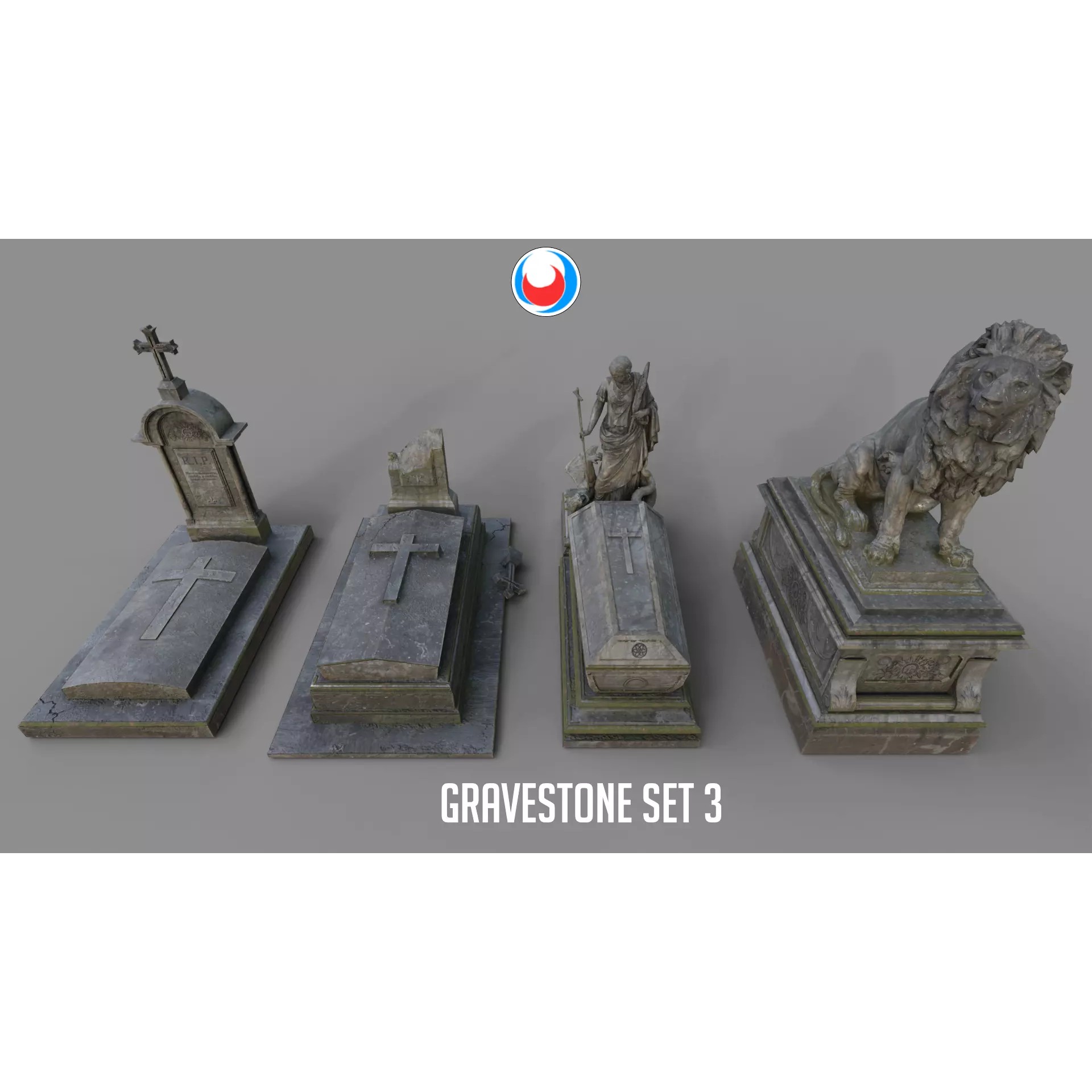 Cemetery Gravestone Set 3D Model – Low Poly Game Ready with PBR Textures - View 2