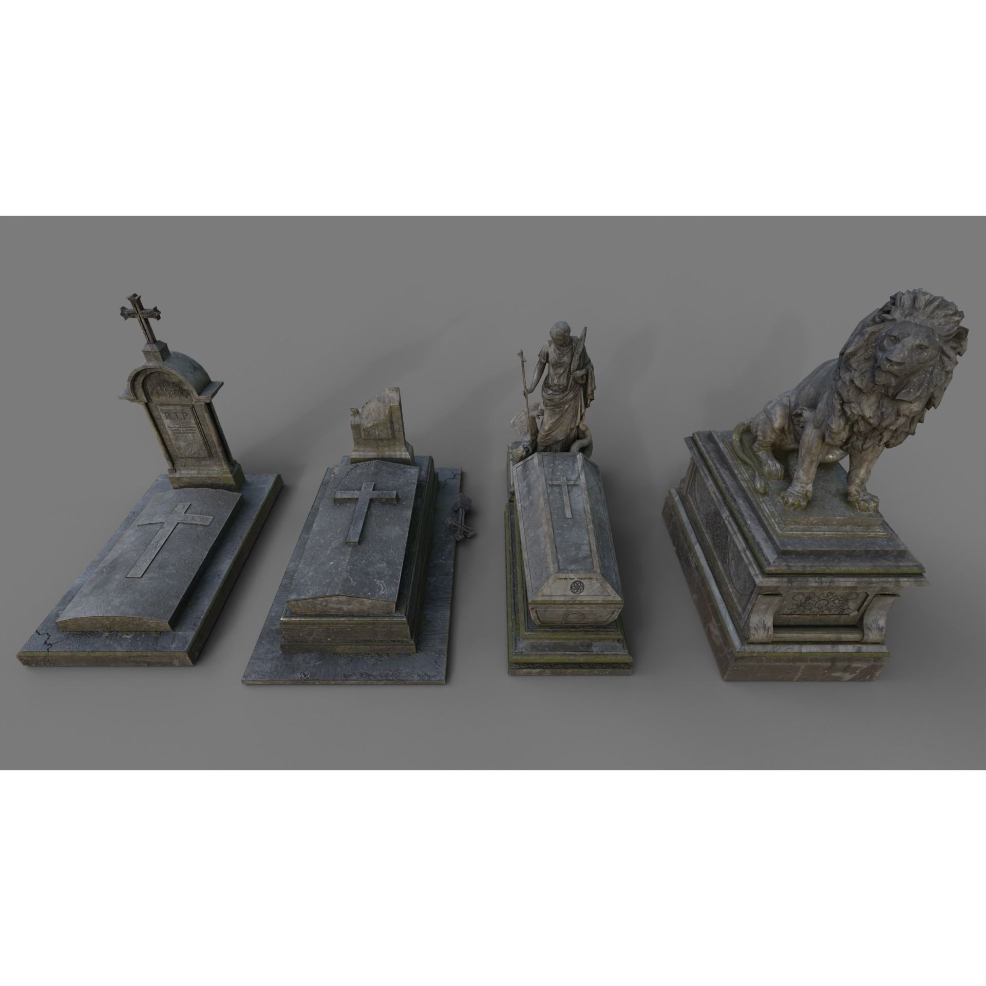 Cemetery Gravestone Set 3D Model – Low Poly Game Ready with PBR Textures - View 3