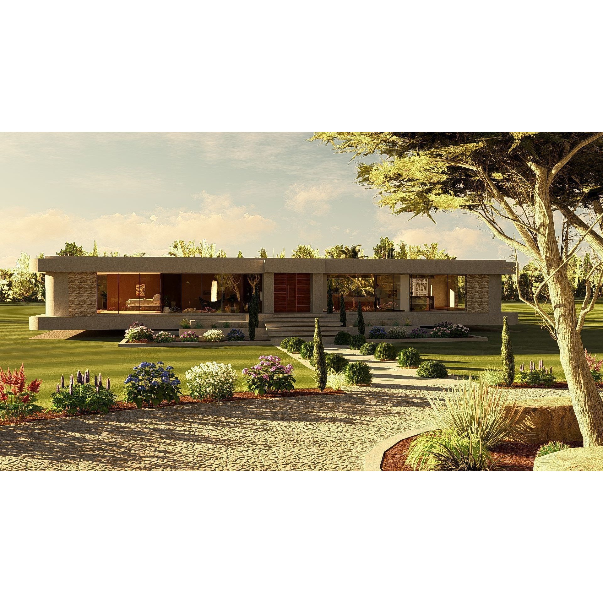 Modern Villa 3D Model – Minimalist Concrete Architecture with Luxury Landscape - View 4