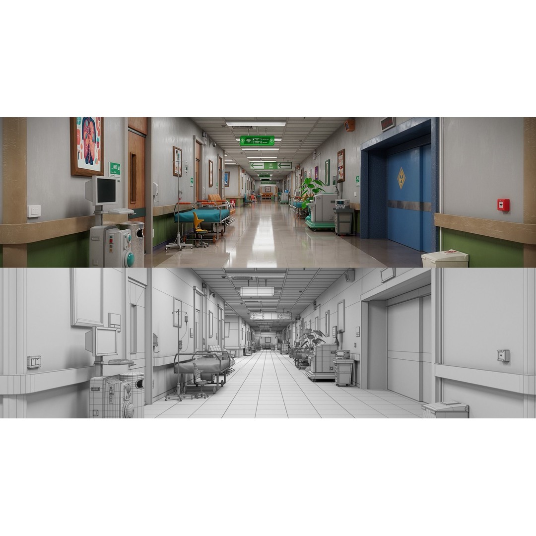 Cartoon Hospital Ward Corridor 3D Model – High Poly PBR Interior, FBX - View 10
