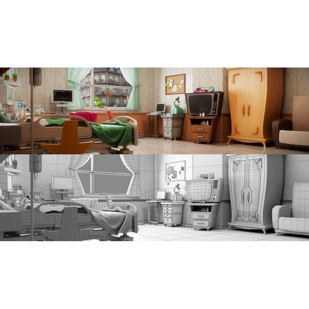 Cartoon Hospital Ward Corridor 3D Model – High Poly PBR Interior, FBX - View 11