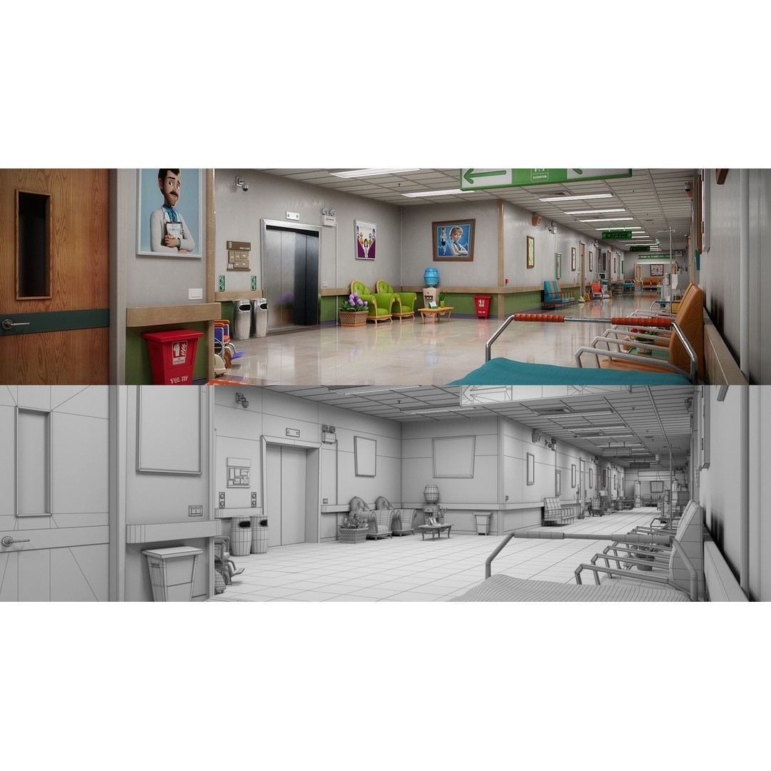 Cartoon Hospital Ward Corridor 3D Model – High Poly PBR Interior, FBX - View 12