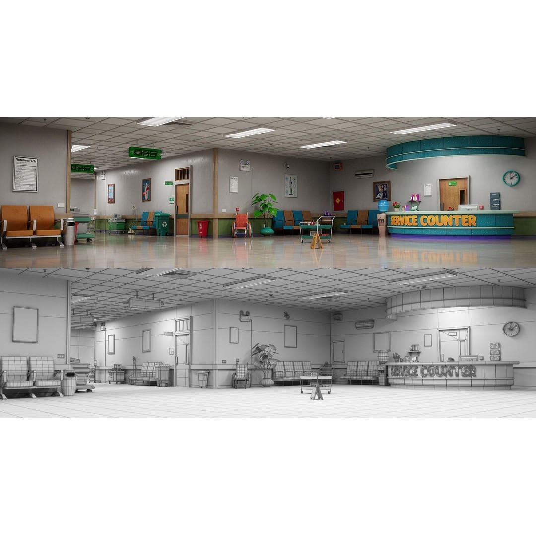 Cartoon Hospital Ward Corridor 3D Model – High Poly PBR Interior, FBX - View 13