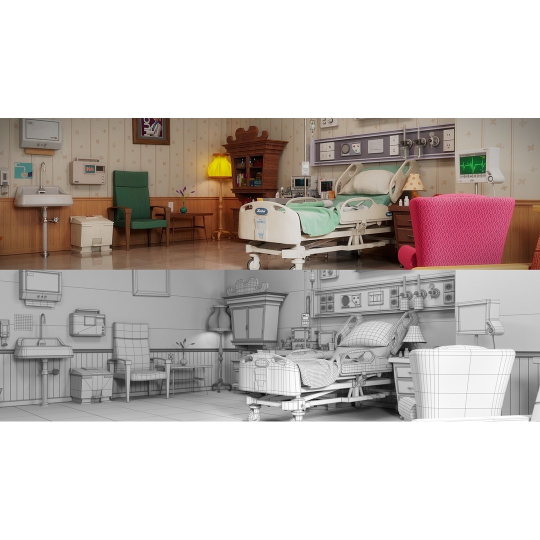 Cartoon Hospital Ward Corridor 3D Model – High Poly PBR Interior, FBX - View 14