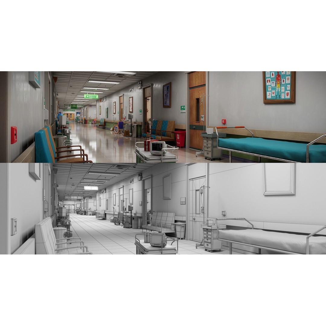Cartoon Hospital Ward Corridor 3D Model – High Poly PBR Interior, FBX - View 15