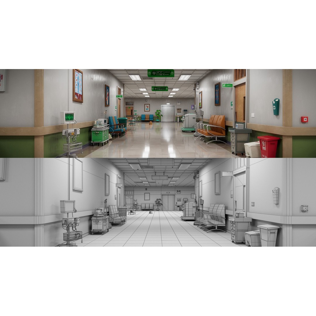 Cartoon Hospital Ward Corridor 3D Model – High Poly PBR Interior, FBX - View 17