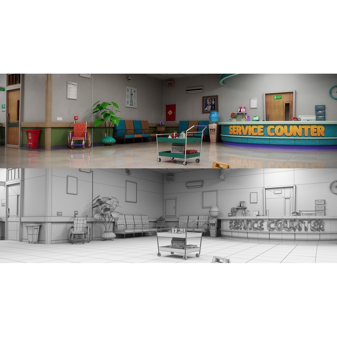 Cartoon Hospital Ward Corridor 3D Model – High Poly PBR Interior, FBX - View 18