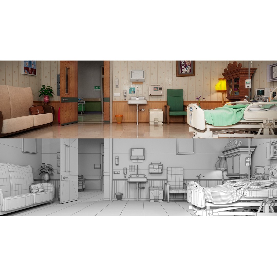Cartoon Hospital Ward Corridor 3D Model – High Poly PBR Interior, FBX - View 19