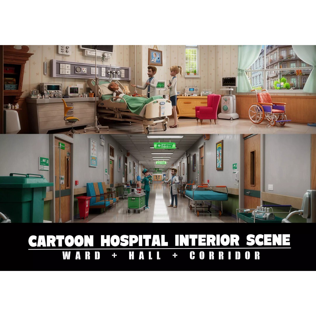 Cartoon Hospital Ward Corridor 3D Model – High Poly PBR Interior, FBX - View 2