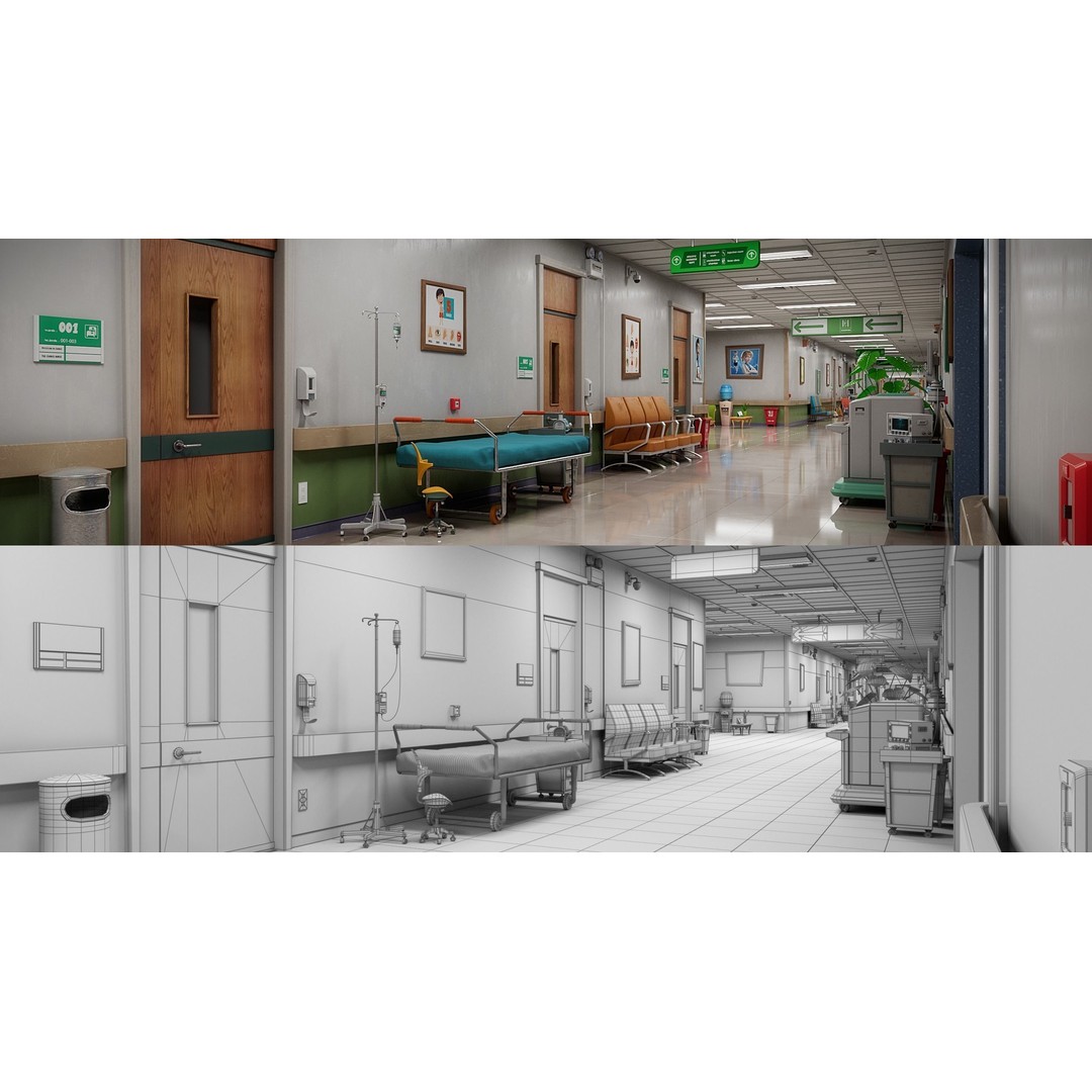 Cartoon Hospital Ward Corridor 3D Model – High Poly PBR Interior, FBX - View 20