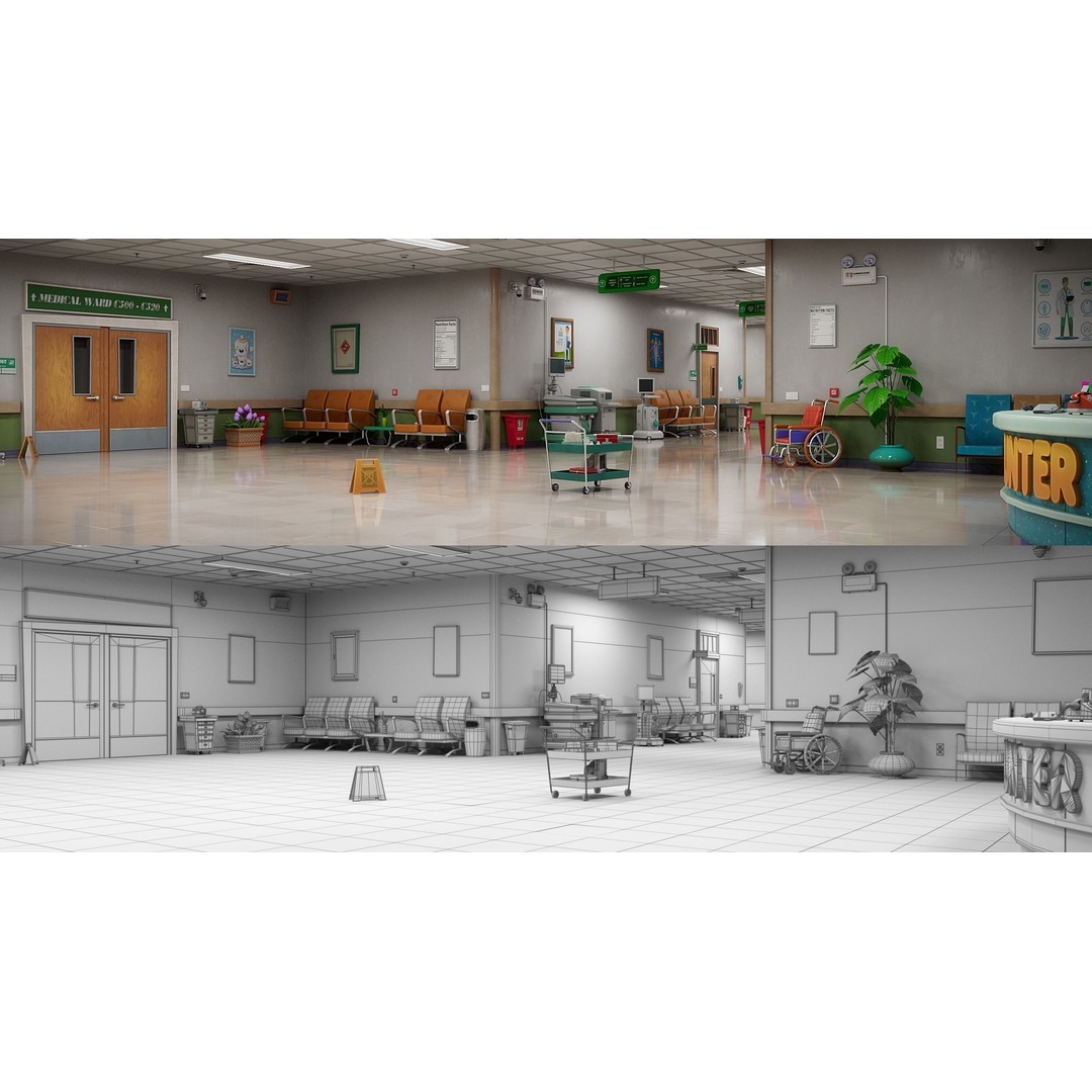 Cartoon Hospital Ward Corridor 3D Model – High Poly PBR Interior, FBX - View 21
