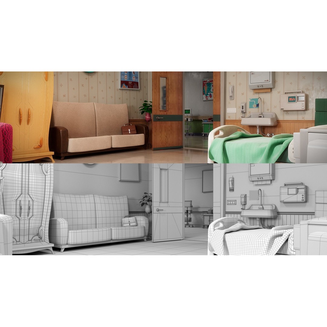 Cartoon Hospital Ward Corridor 3D Model – High Poly PBR Interior, FBX - View 22