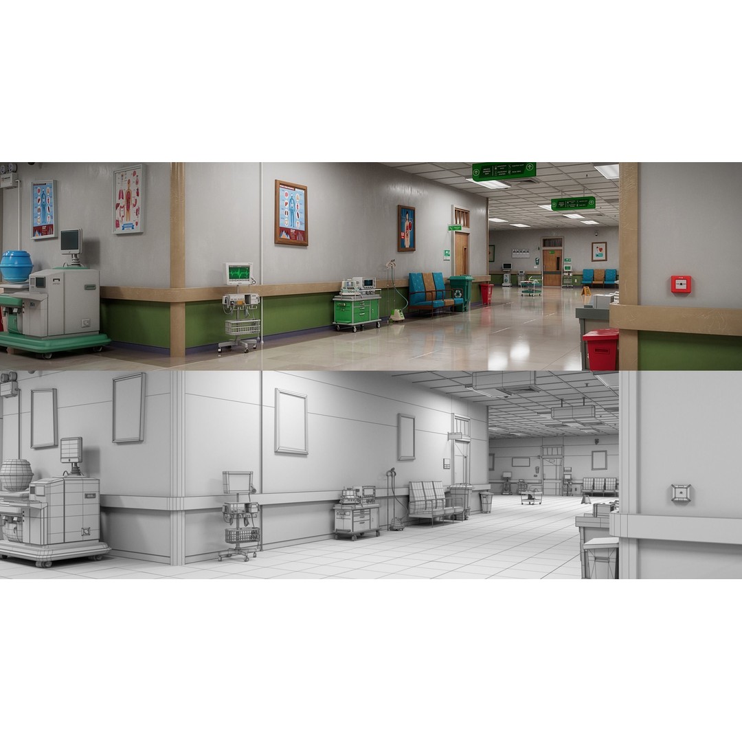 Cartoon Hospital Ward Corridor 3D Model – High Poly PBR Interior, FBX - View 23