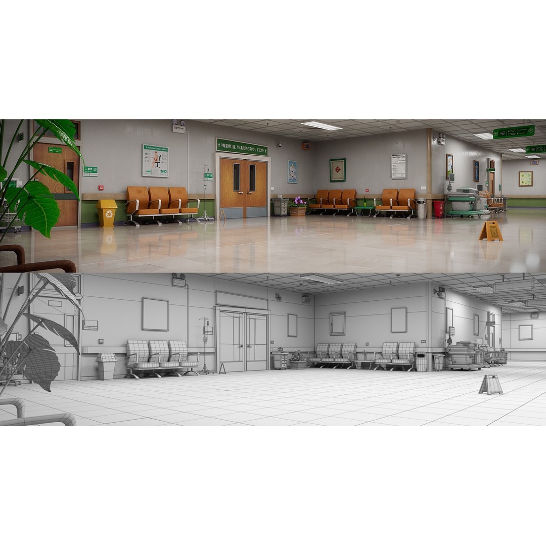 Cartoon Hospital Ward Corridor 3D Model – High Poly PBR Interior, FBX - View 24