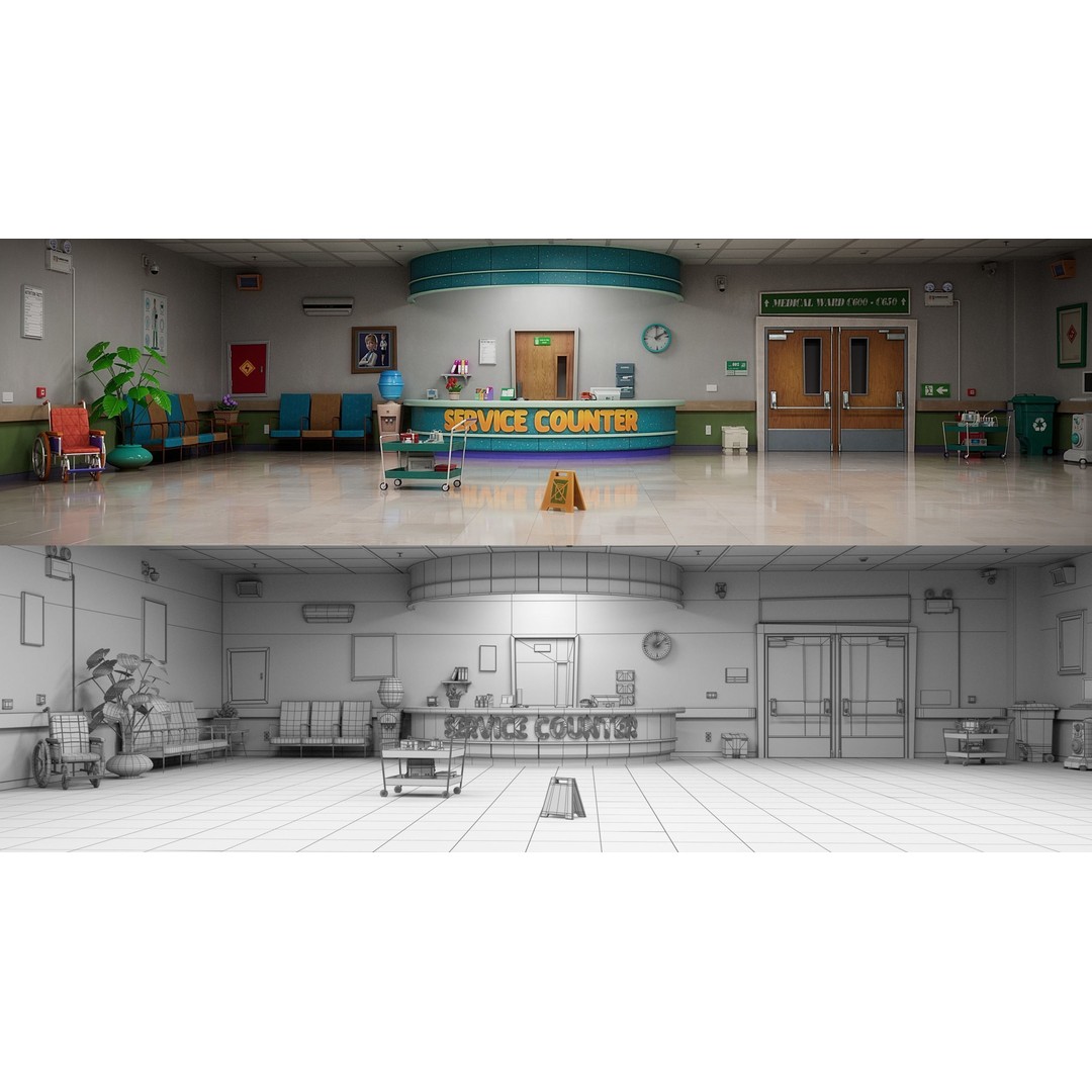 Cartoon Hospital Ward Corridor 3D Model – High Poly PBR Interior, FBX - View 25