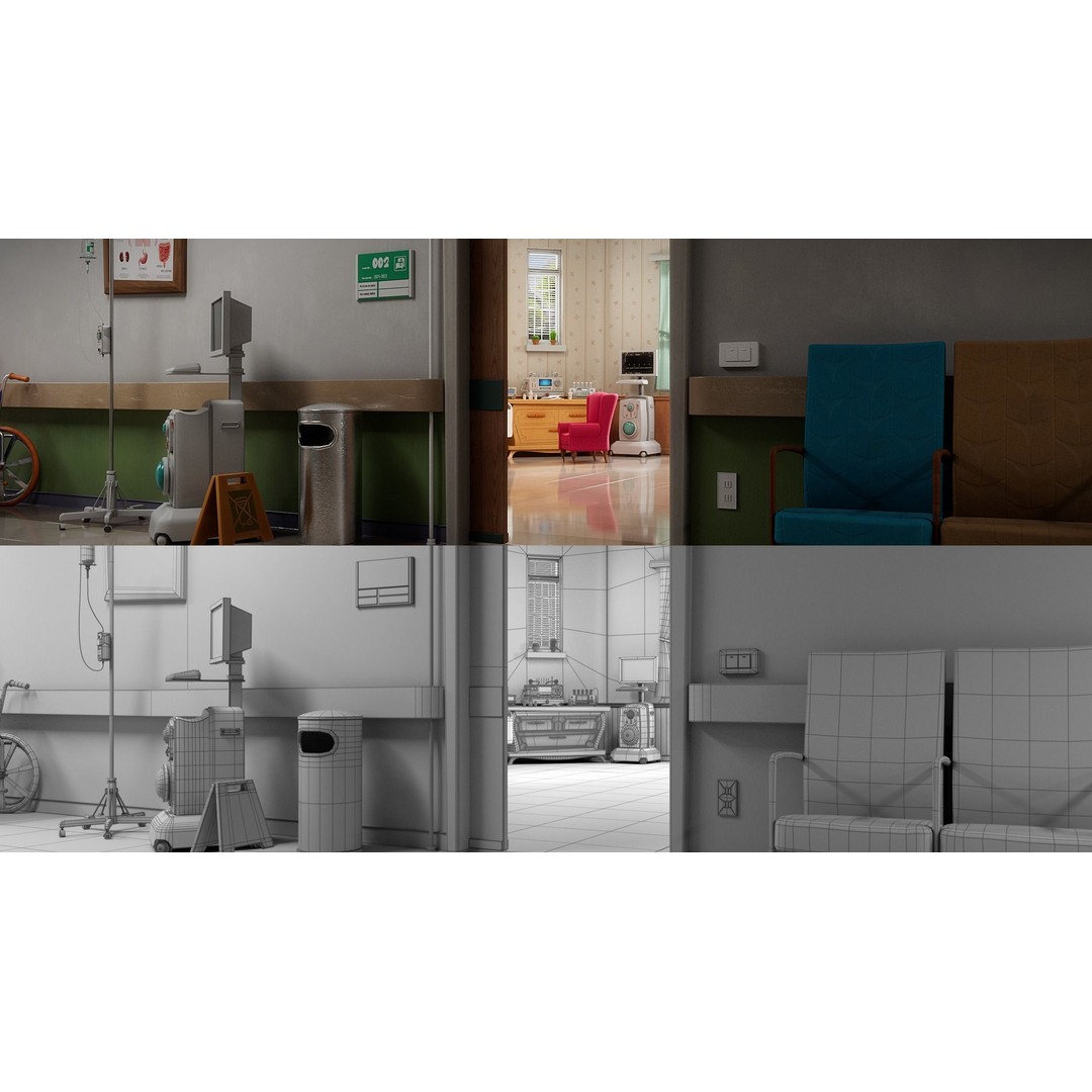Cartoon Hospital Ward Corridor 3D Model – High Poly PBR Interior, FBX - View 26
